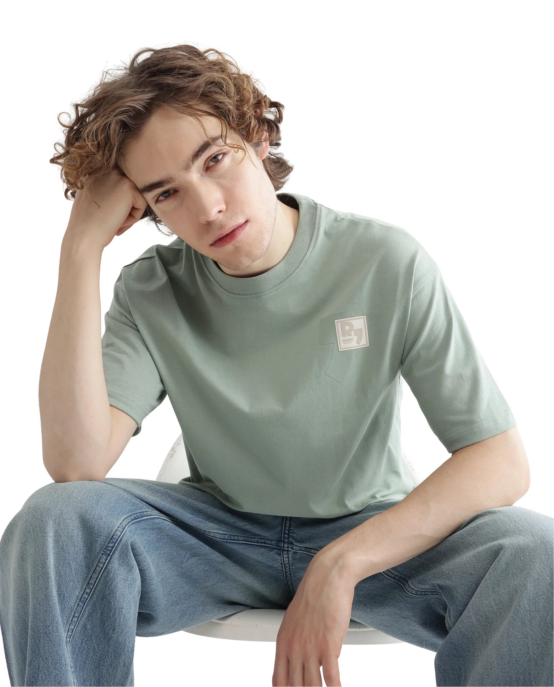 Rare Rabbit Men Deus Dusky Green Cotton Fabric Short Sleeve Boxy Fit HD Print and Applique Detail T-Shirt