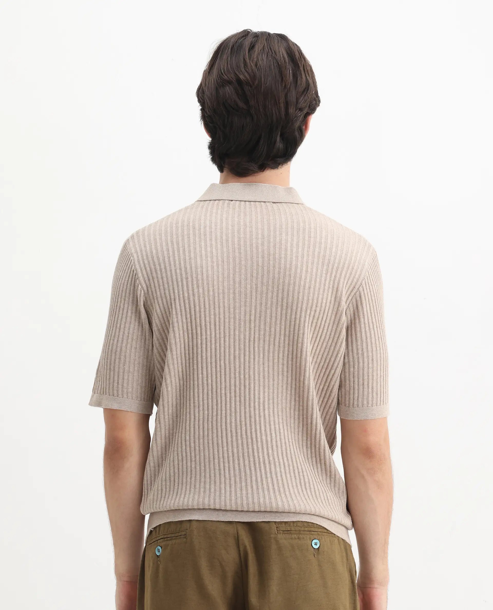 Rare Rabbit Men's Devr Khaki Tencel Textured Regular Fit Half Sleeve Polo