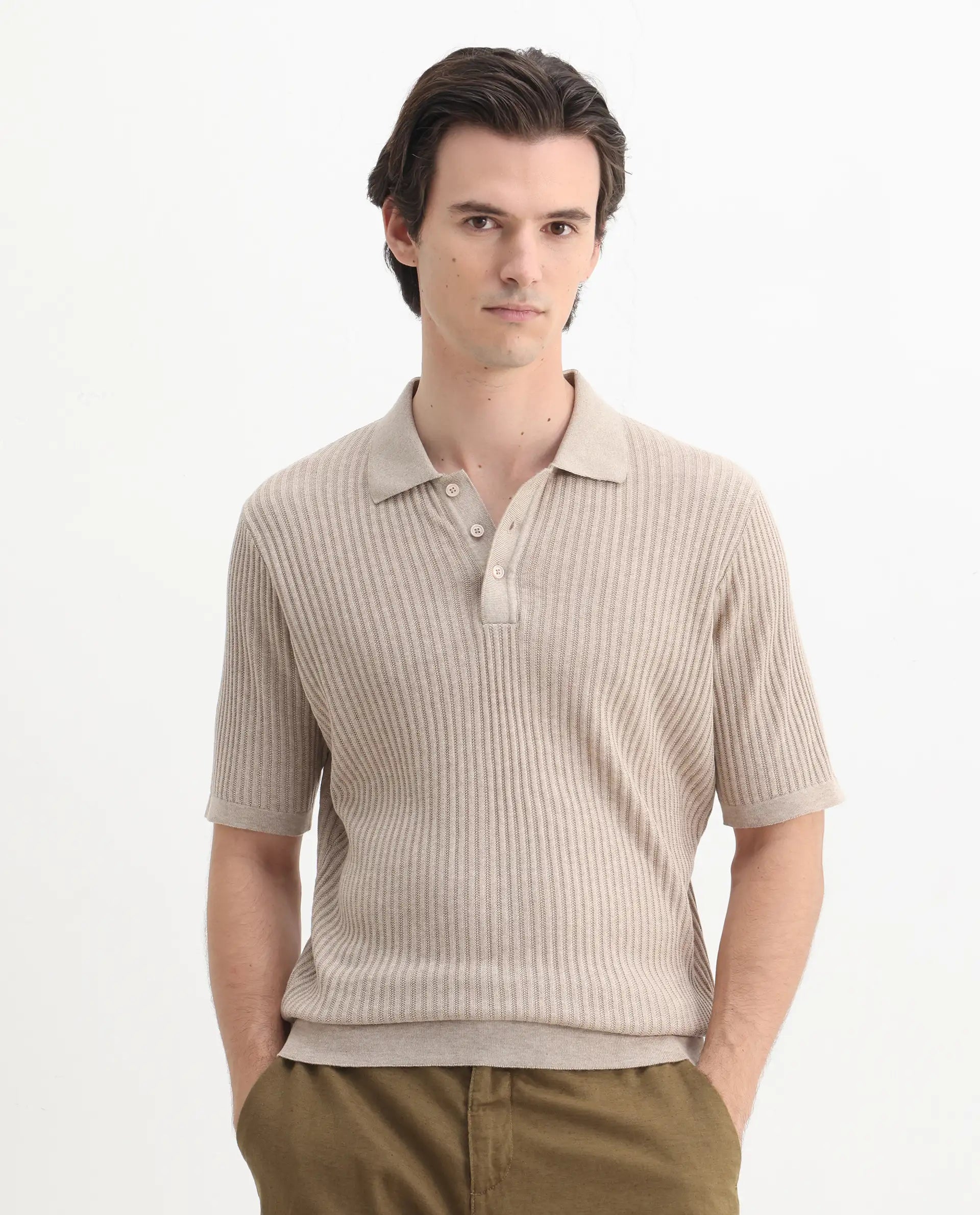 Rare Rabbit Men's Devr Khaki Tencel Textured Regular Fit Half Sleeve Polo