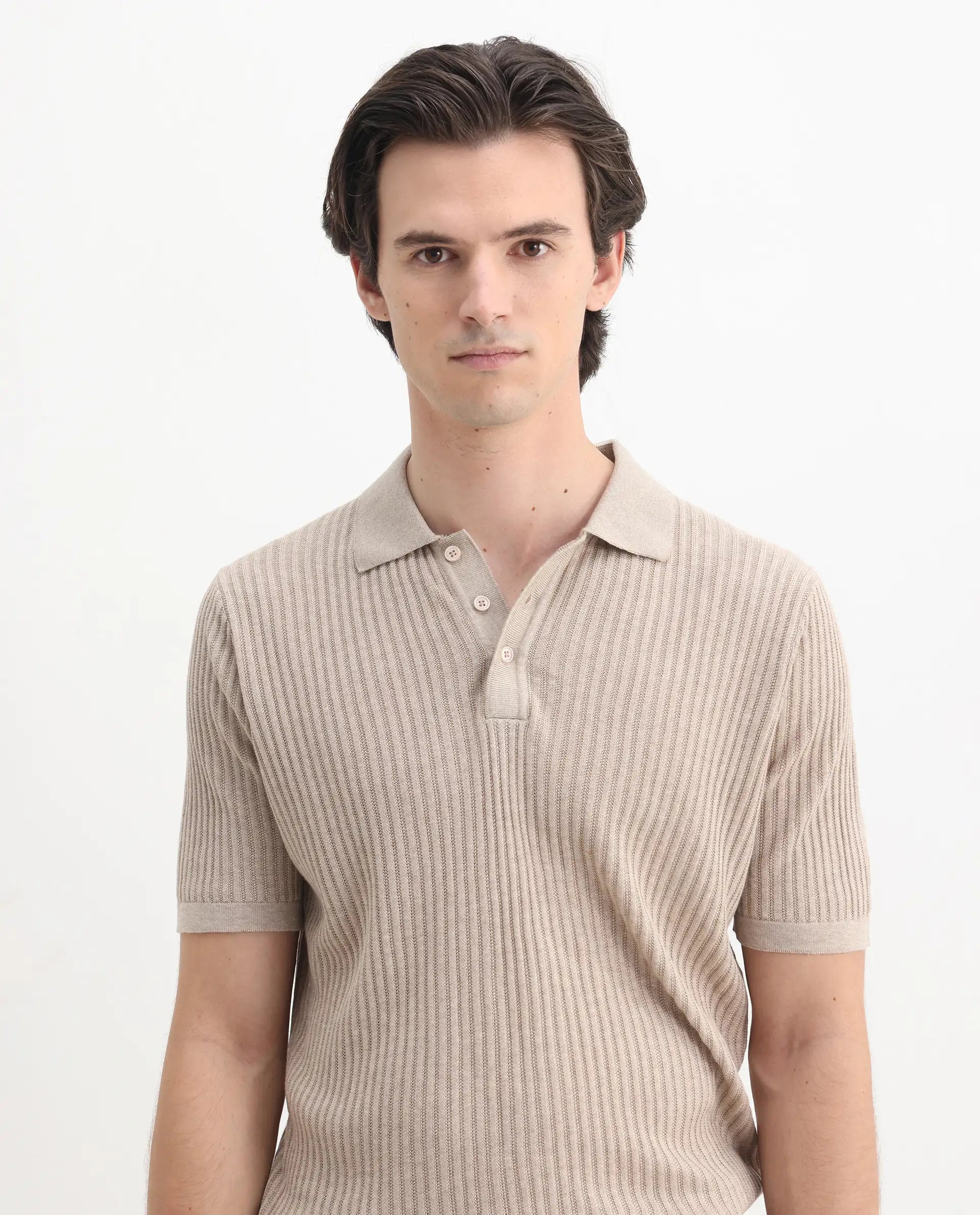 Rare Rabbit Men's Devr Khaki Tencel Textured Regular Fit Half Sleeve Polo