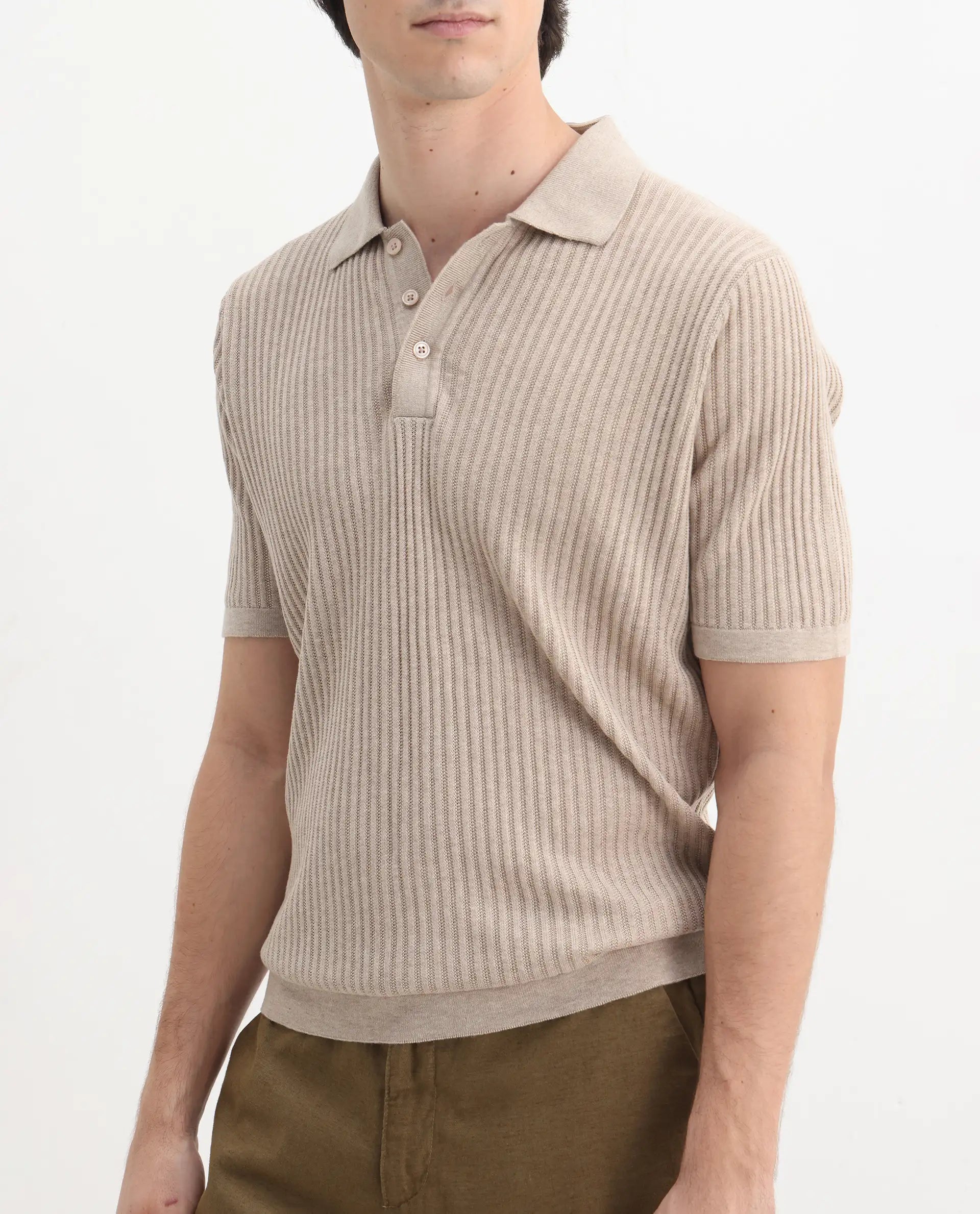 Rare Rabbit Men's Devr Khaki Tencel Textured Regular Fit Half Sleeve Polo