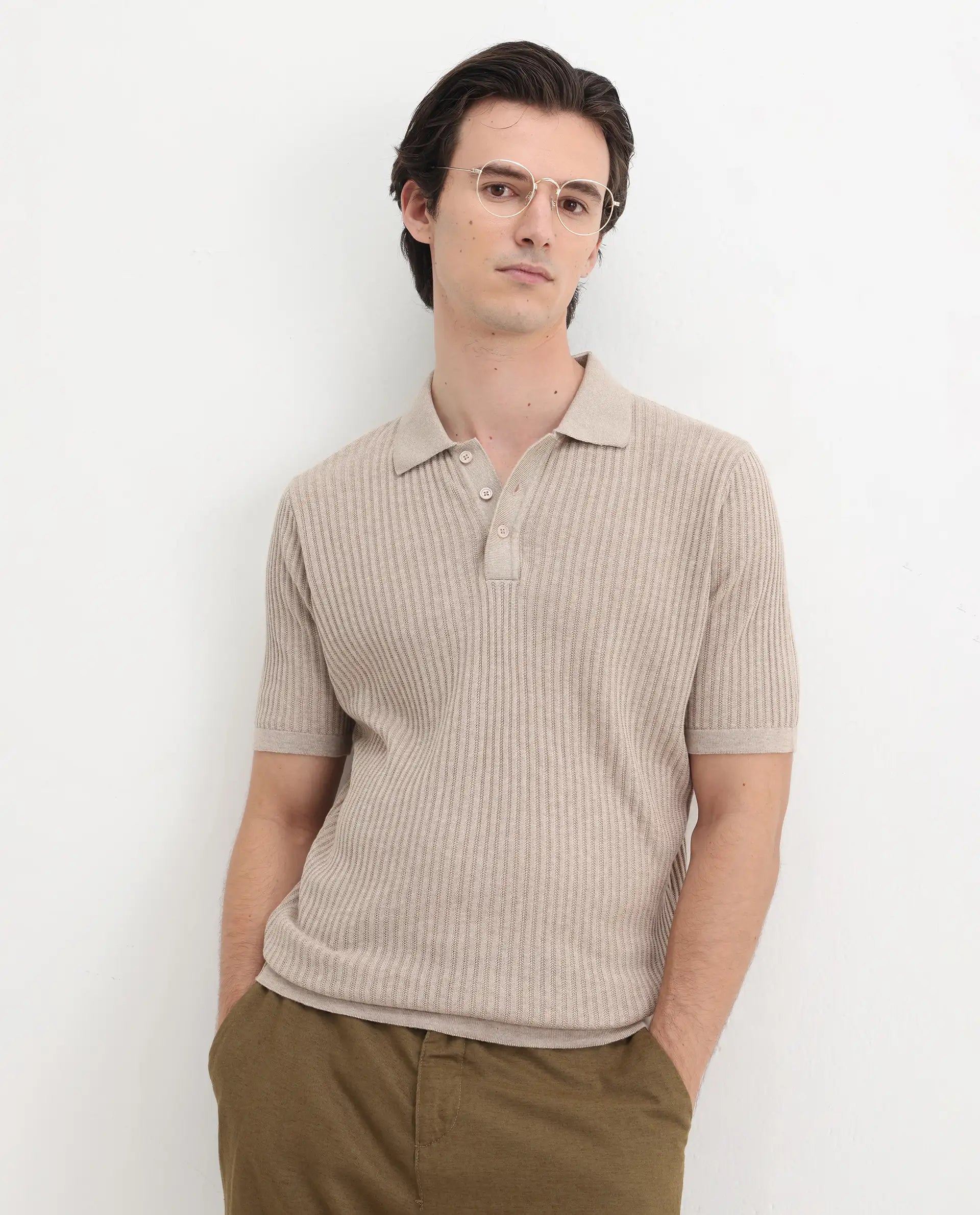 Rare Rabbit Men's Devr Khaki Tencel Textured Regular Fit Half Sleeve Polo