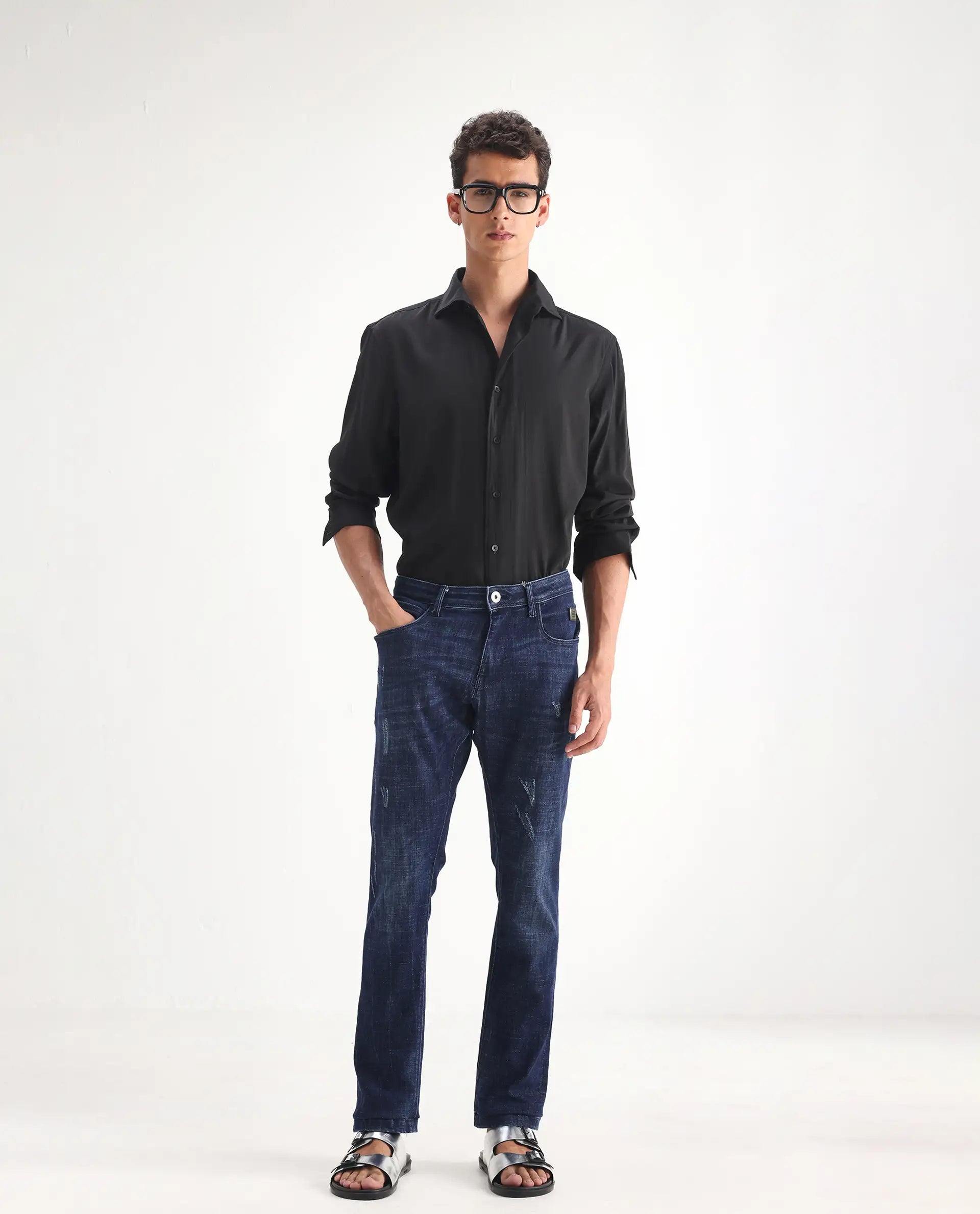 Rare Rabbit Men's Devin Blue Cotton Blend Plain Hawk Slim Fit Jeans