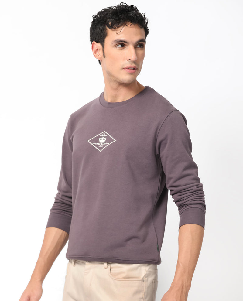 Rare Rabbit Men's Devonn Purple Cotton Polyester Fabric Full Sleeves Logo Graphic Print Knitted Sweatshirt