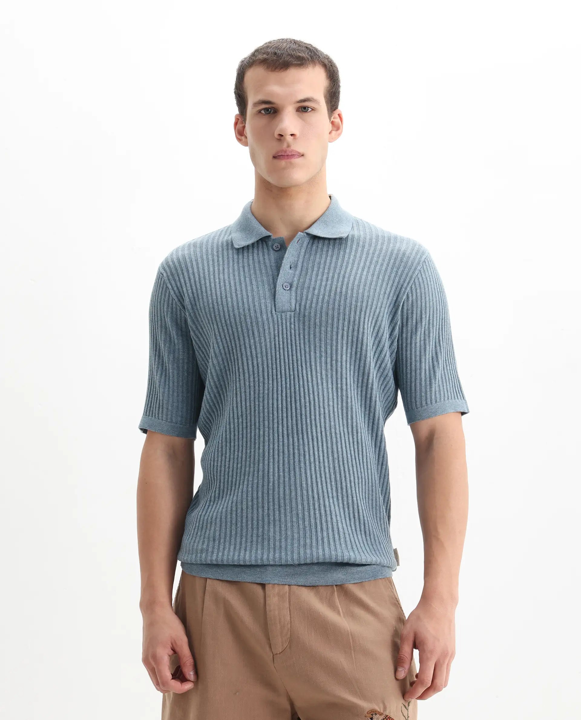 Rare Rabbit Men's Devr Dusky Blue Tencel Textured Regular Fit Half Sleeve Polo