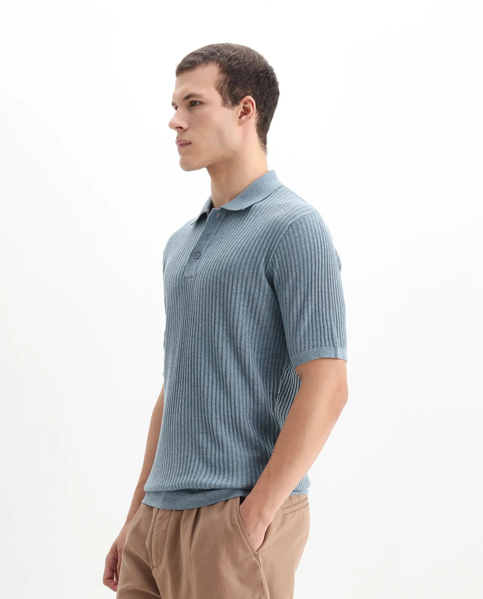 Rare Rabbit Men's Devr Dusky Blue Tencel Textured Regular Fit Half Sleeve Polo