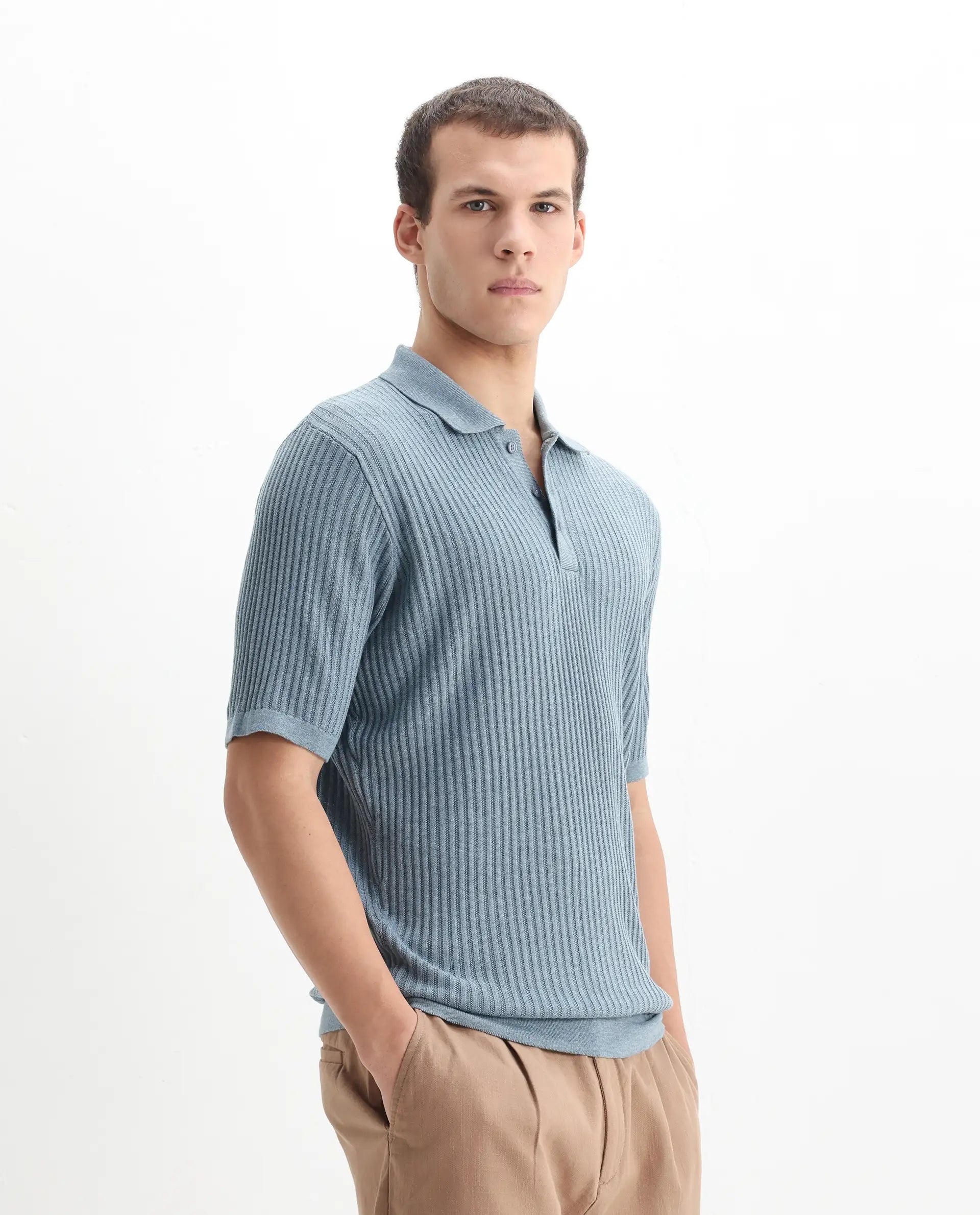 Rare Rabbit Men's Devr Dusky Blue Tencel Textured Regular Fit Half Sleeve Polo