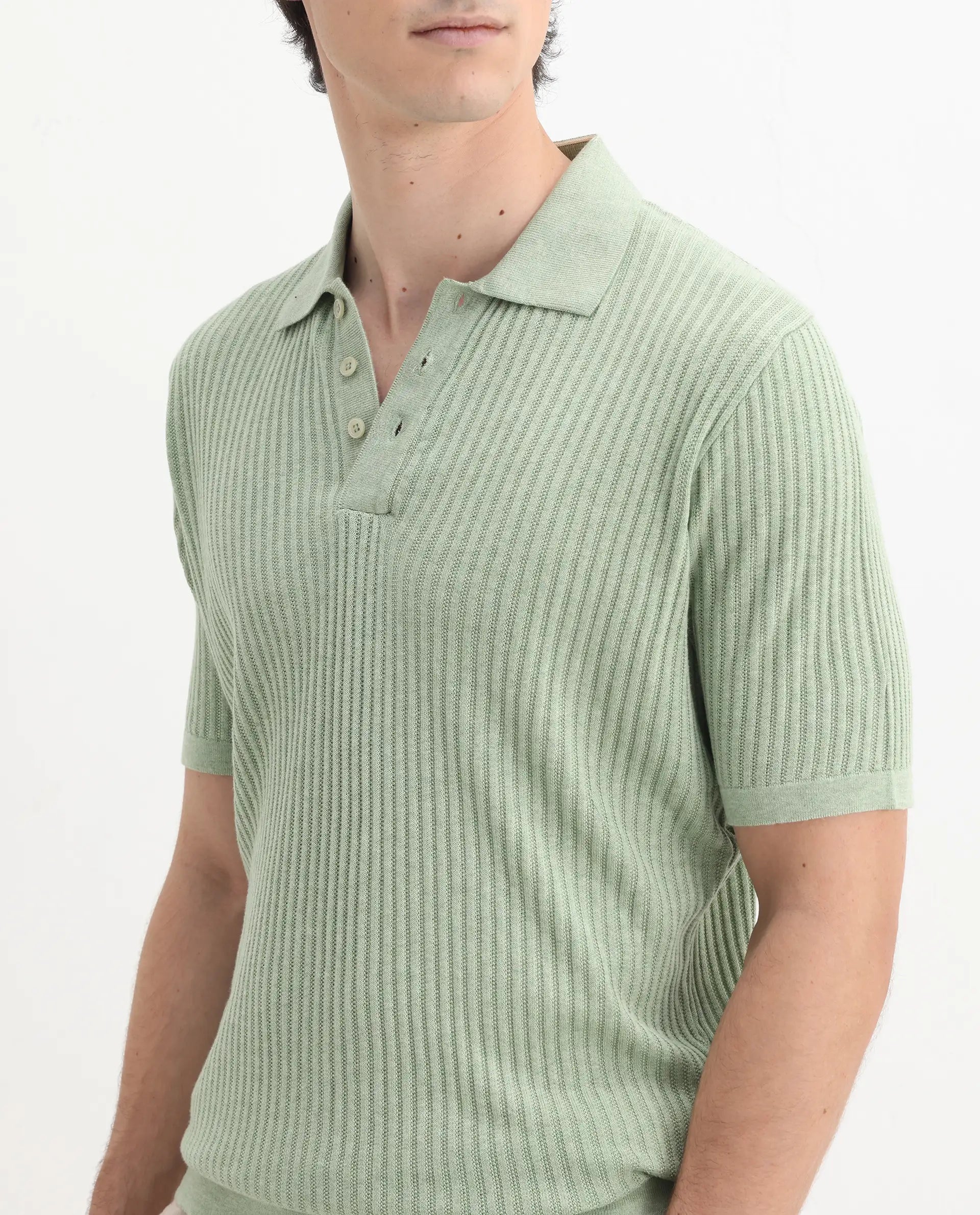 Rare Rabbit Men's Devr Light Green Tencel Textured Regular Fit Half Sleeve Polo
