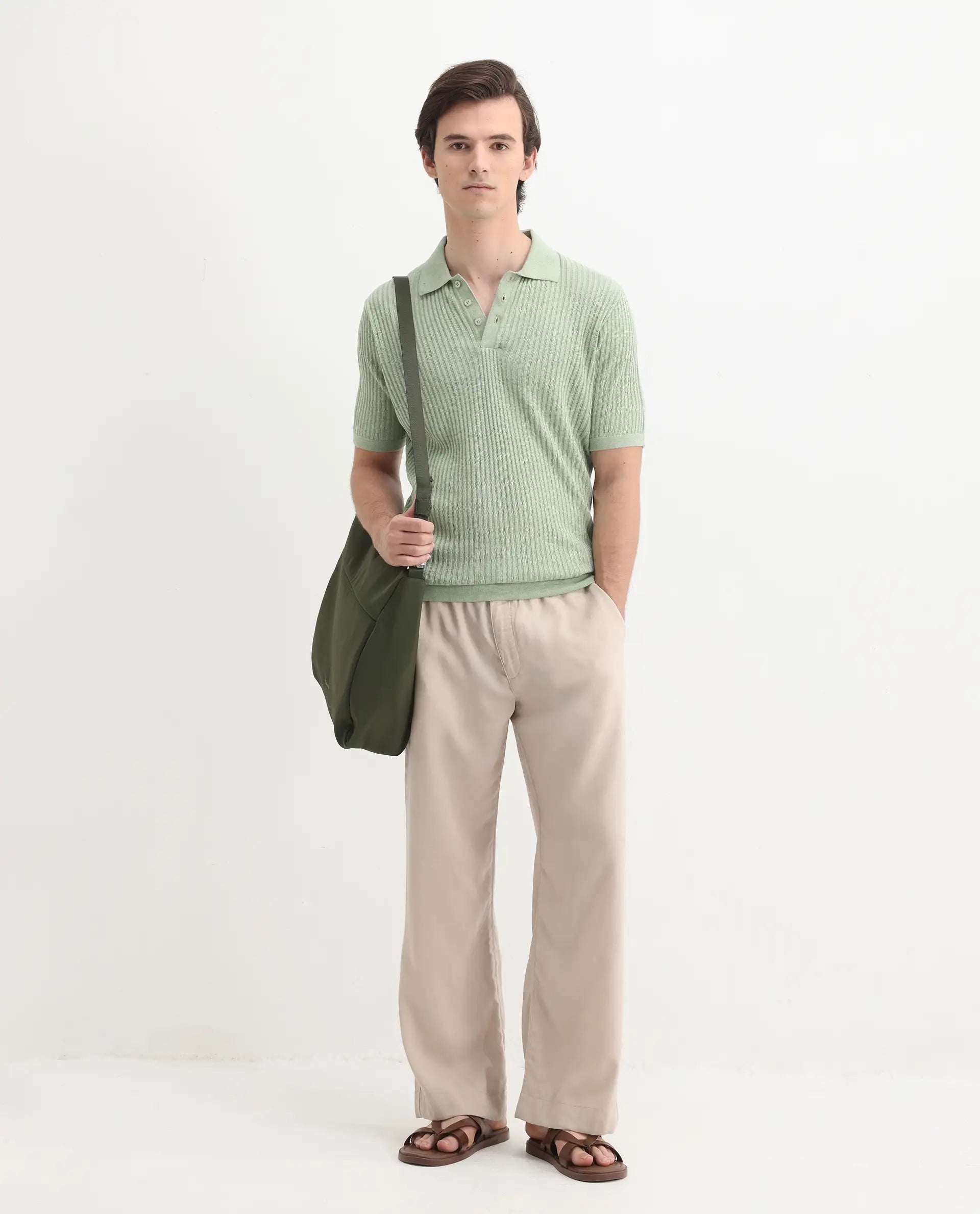 Rare Rabbit Men's Devr Light Green Tencel Textured Regular Fit Half Sleeve Polo