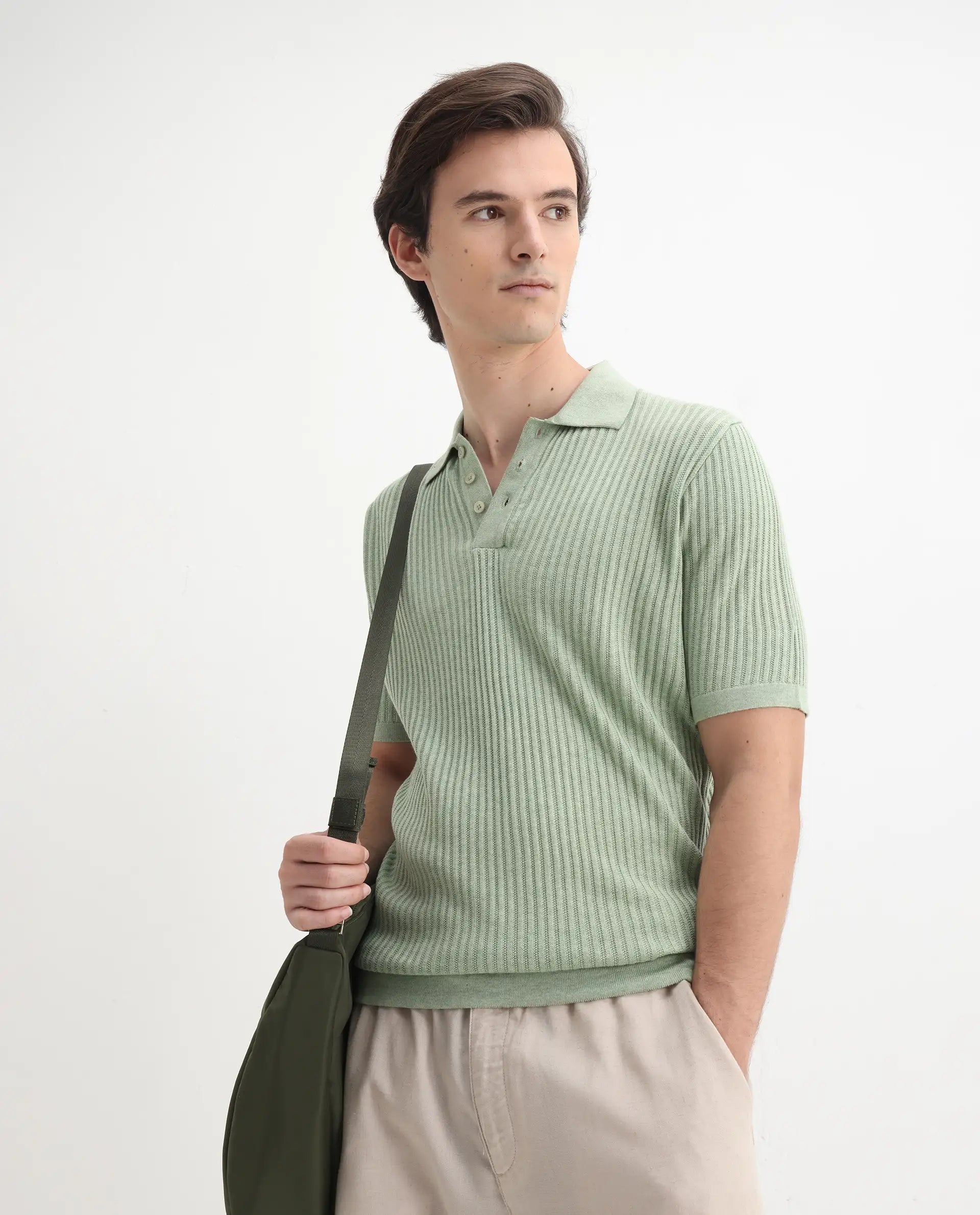 Rare Rabbit Men's Devr Light Green Tencel Textured Regular Fit Half Sleeve Polo