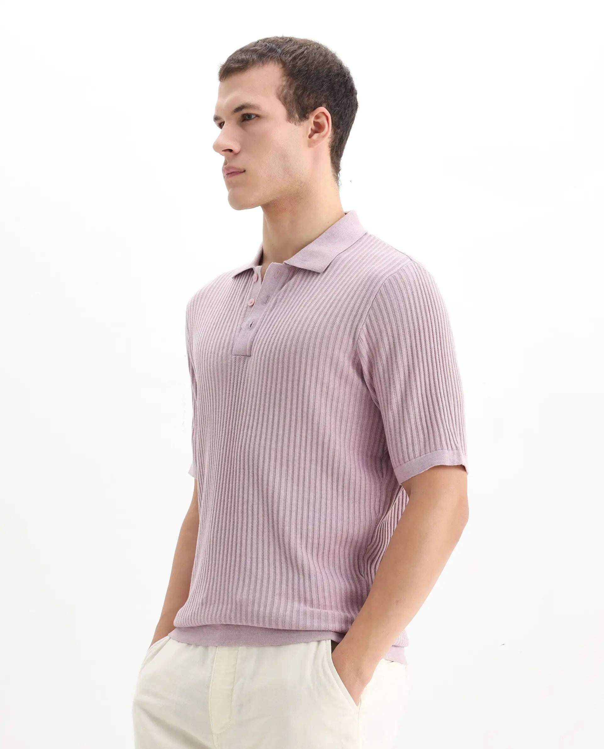 Rare Rabbit Men's Devr Dusky Pink Tencel Textured Regular Fit Half Sleeve Polo