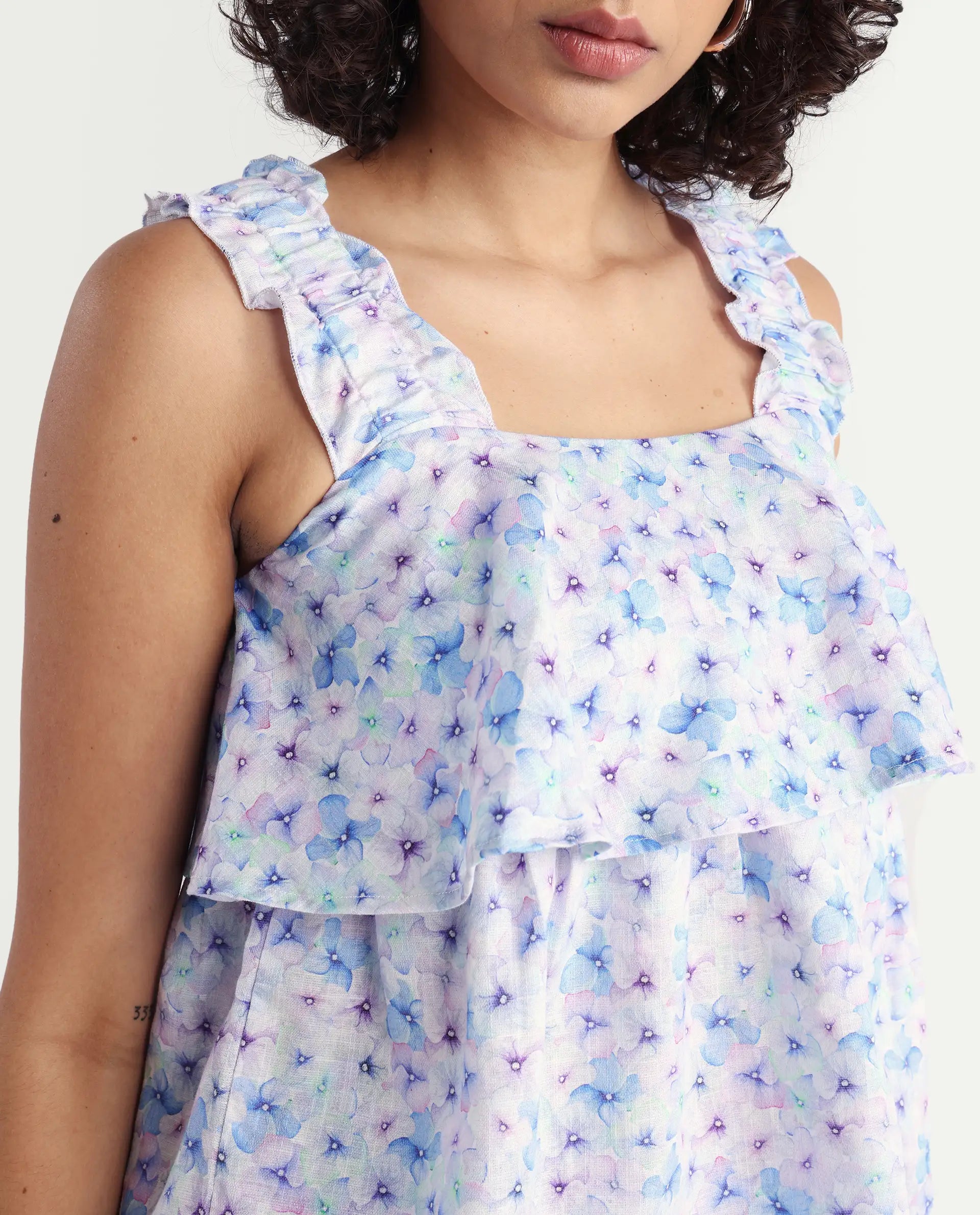 Rareism Women's Dew Purple Linen Collarless Floral Print Sleeveless Regular Fit Top