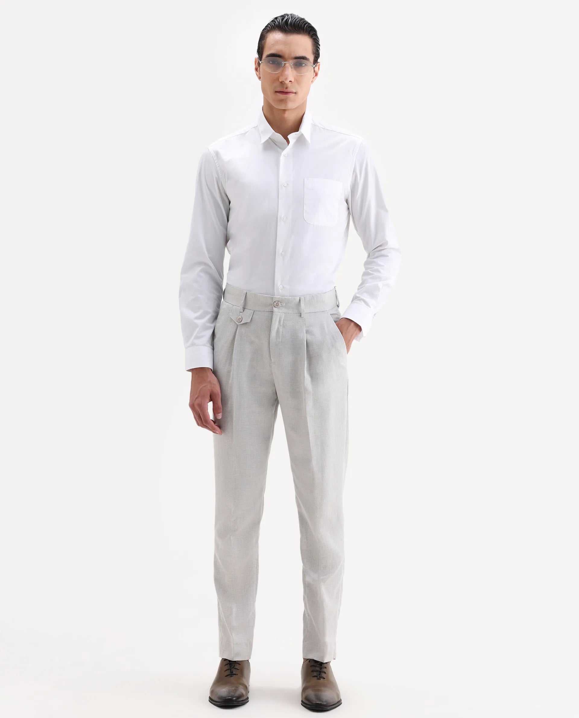 Rare Rabbit Men's Dex Beige Cotton Plain Regular Fit Trouser