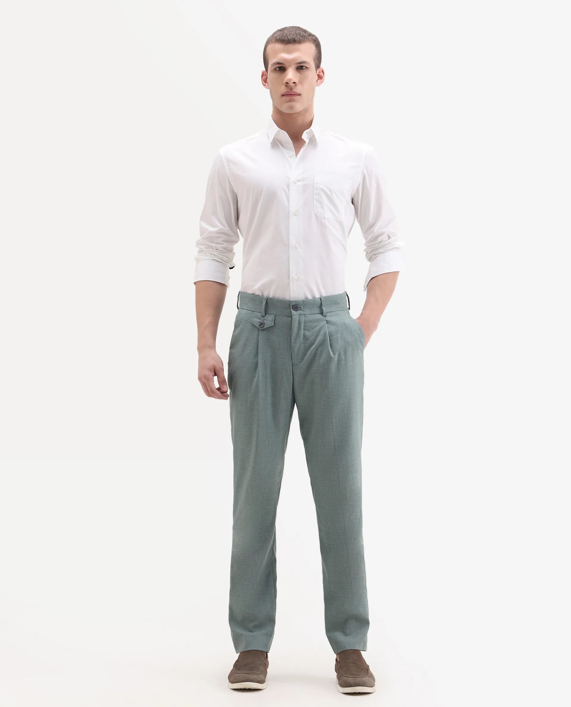 Rare Rabbit Men's Dex Green Cotton Plain Regular Fit Trouser