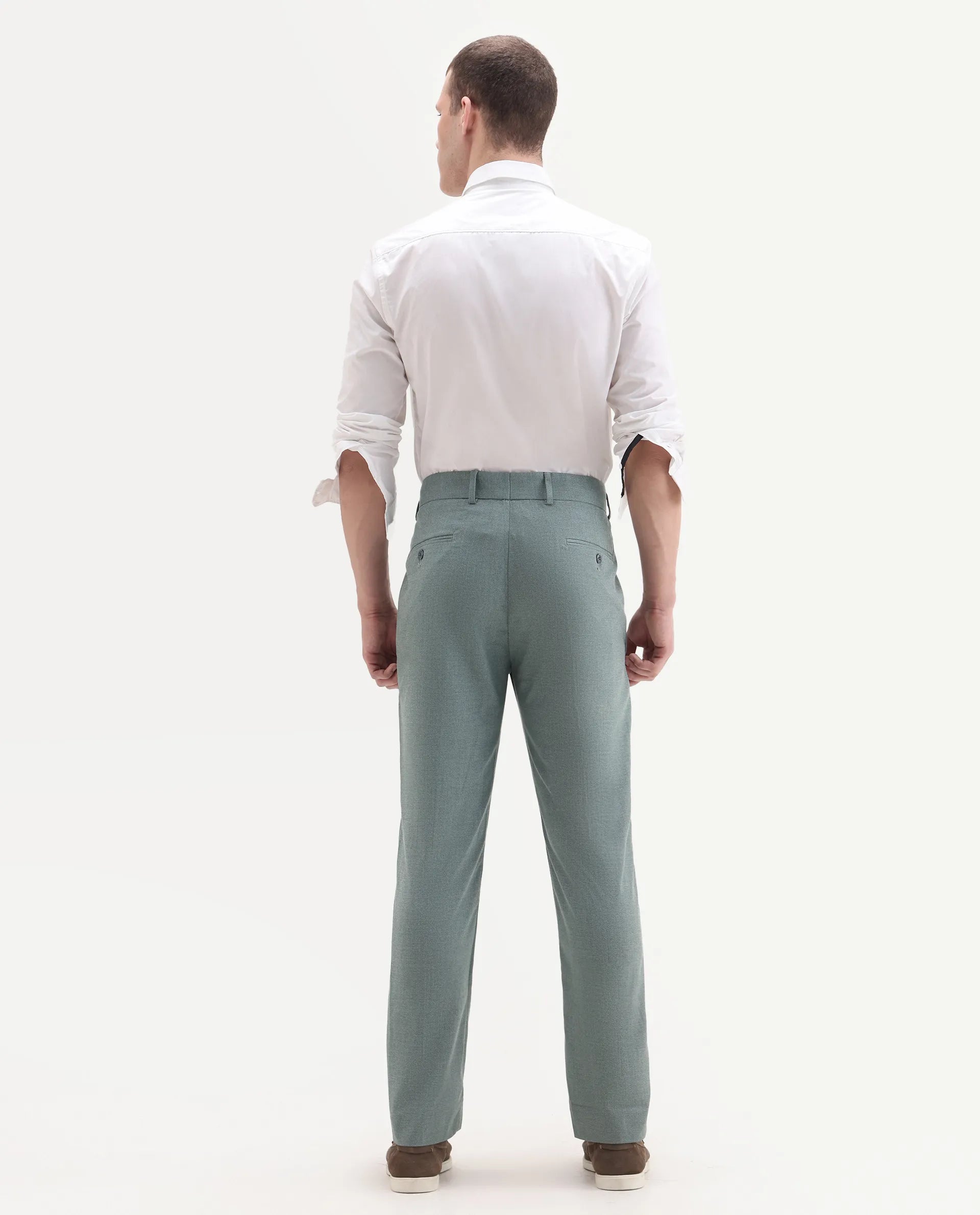 Rare Rabbit Men's Dex Green Cotton Plain Regular Fit Trouser