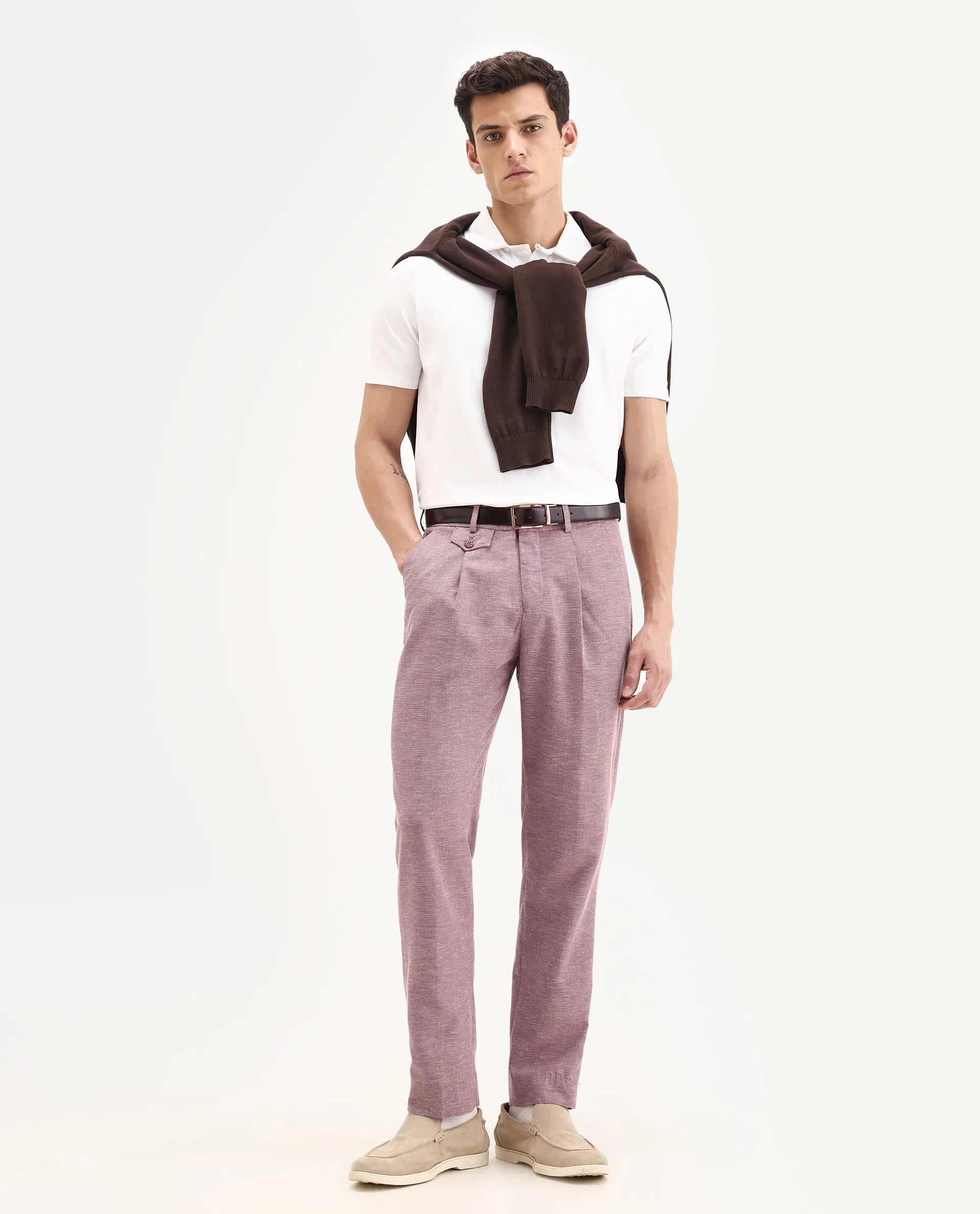 Rare Rabbit Men's Dex Maroon Cotton Plain Regular Fit Trouser