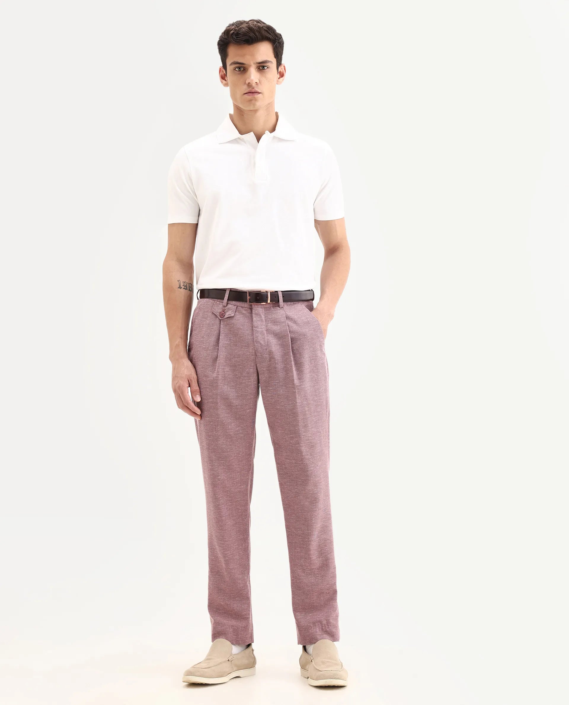 Rare Rabbit Men's Dex Maroon Cotton Plain Regular Fit Trouser