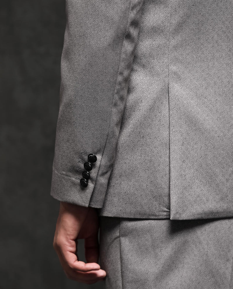 Rare Rabbit Men's Dexter Grey Polyester Viscose Fabric Notch Lapel Button Closure Single Breasted Jacquard Suits