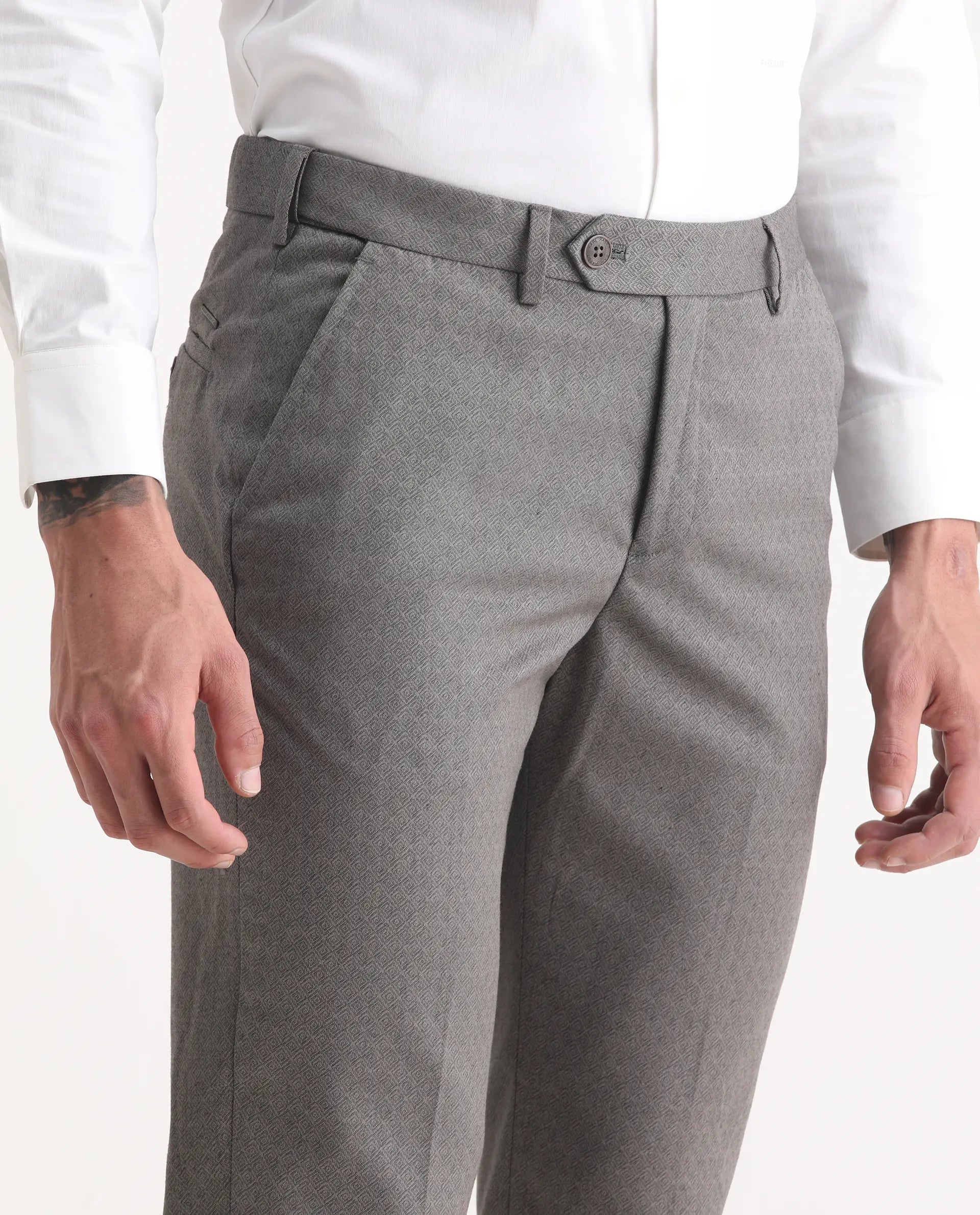 Rare Rabbit Men's Dexter Grey Viscose Jacquard Tailored Fit Full Sleeve Lapel Neck Suits