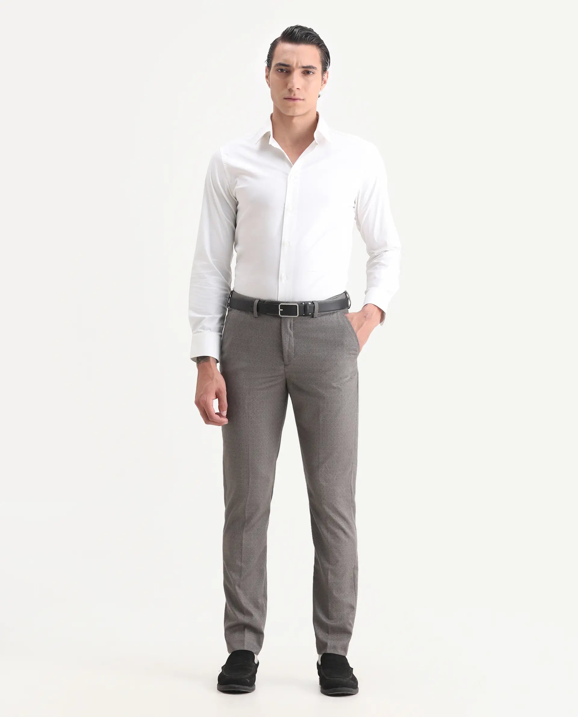 Rare Rabbit Men's Dexter Grey Viscose Jacquard Tailored Fit Full Sleeve Lapel Neck Suits