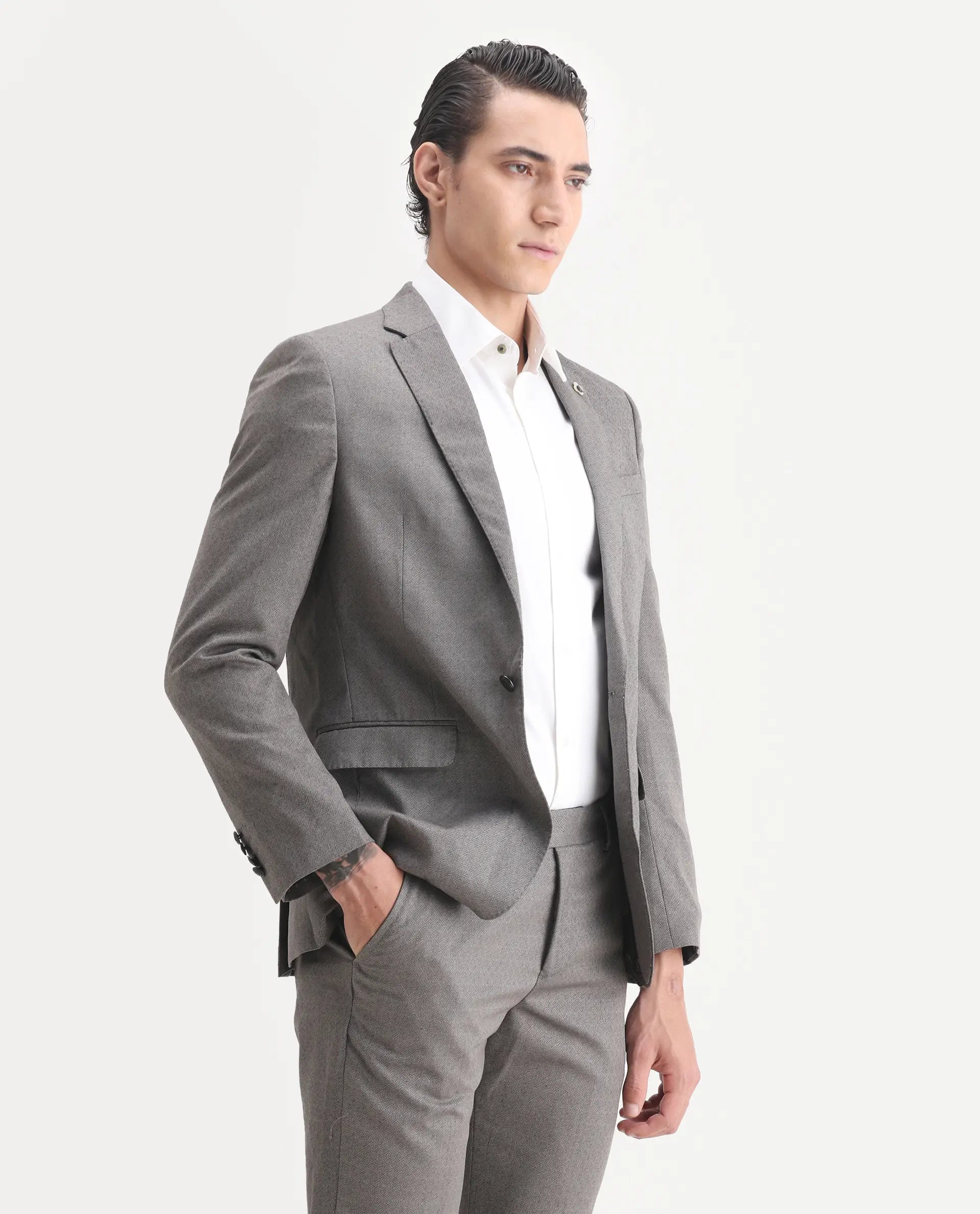 Rare Rabbit Men's Dexter Grey Viscose Jacquard Tailored Fit Full Sleeve Lapel Neck Suits