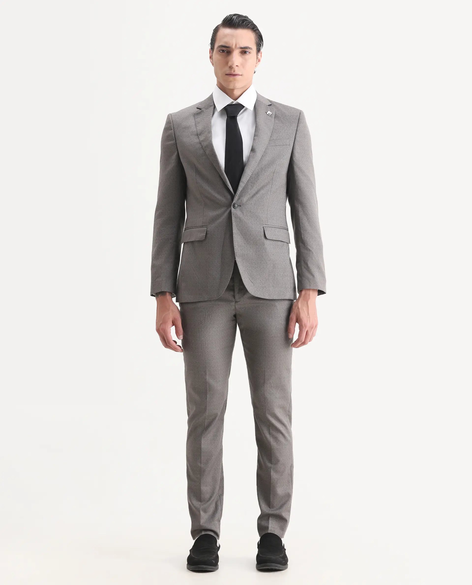 Rare Rabbit Men's Dexter Grey Viscose Jacquard Tailored Fit Full Sleeve Lapel Neck Suits