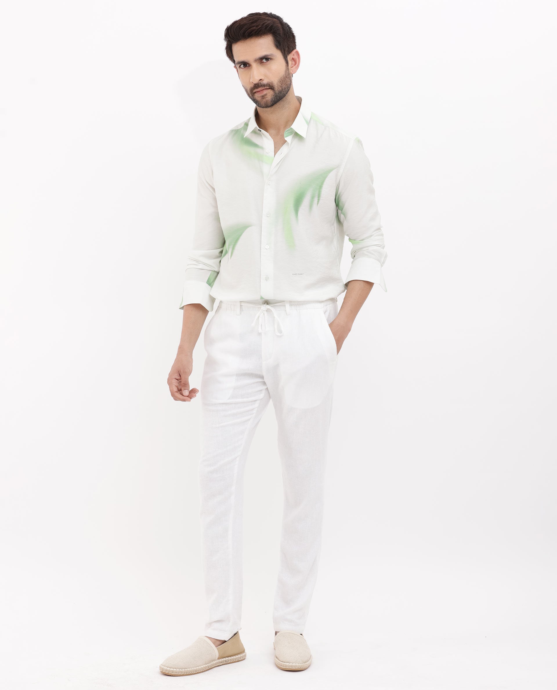 Rare Rabbit Mens Dezen Pastel Green Full Sleeve Tropical Print Shirt