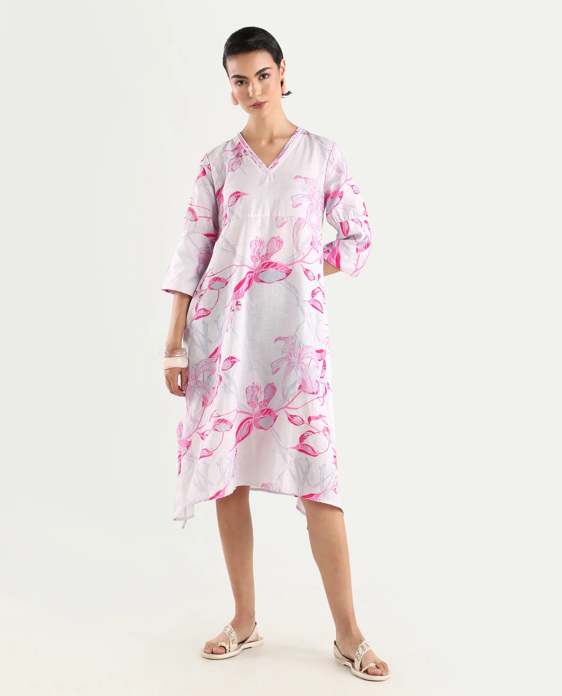 Rareism Women's Dherry Pastel Purple Linen V-Neck Paisley Print Midi Regular Fit Dress