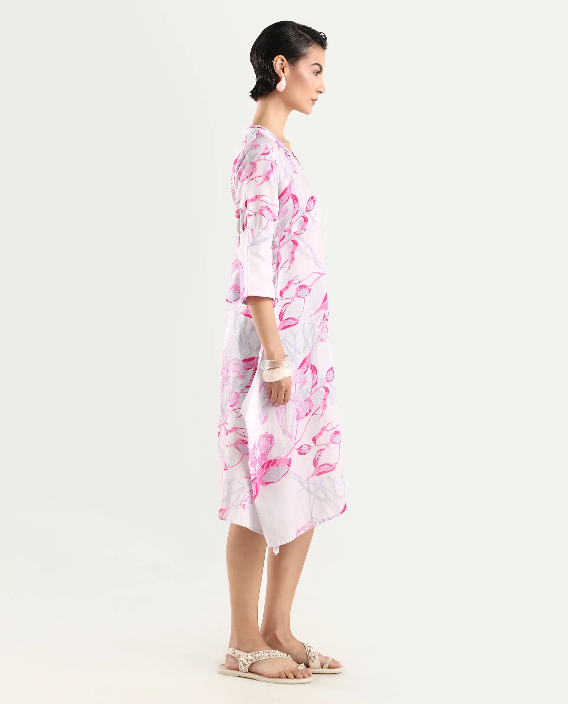 Rareism Women's Dherry Pastel Purple Linen V-Neck Paisley Print Midi Regular Fit Dress