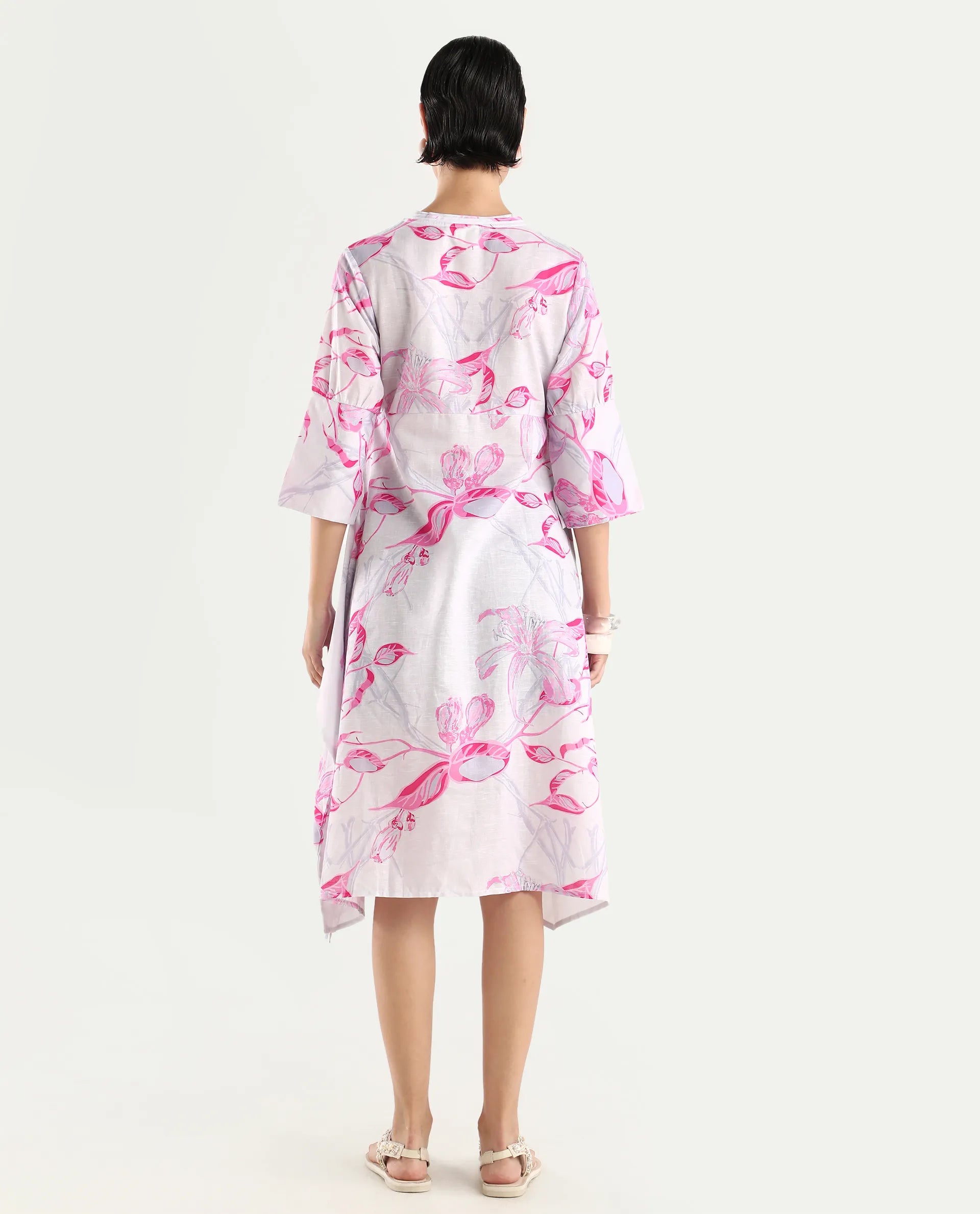 Rareism Women's Dherry Pastel Purple Linen V-Neck Paisley Print Midi Regular Fit Dress