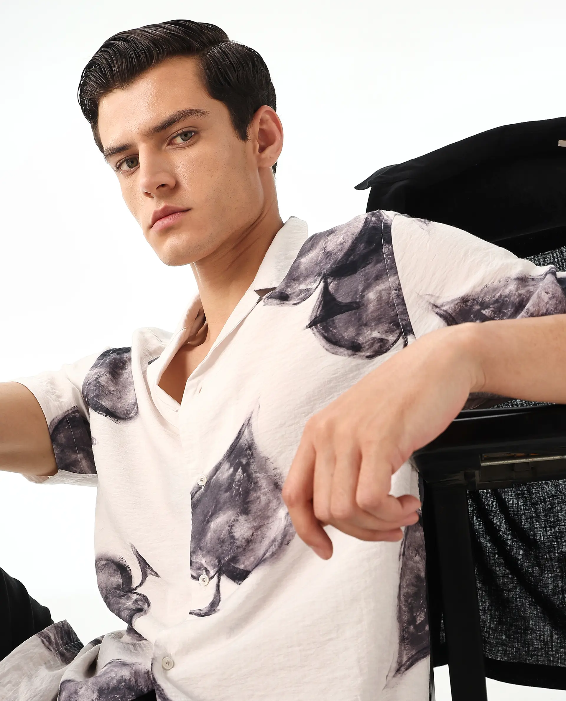 Rare Rabbit Men's Diam White Viscose Digital Print Regular Fit Half Sleeve Cuban Collar Shirt