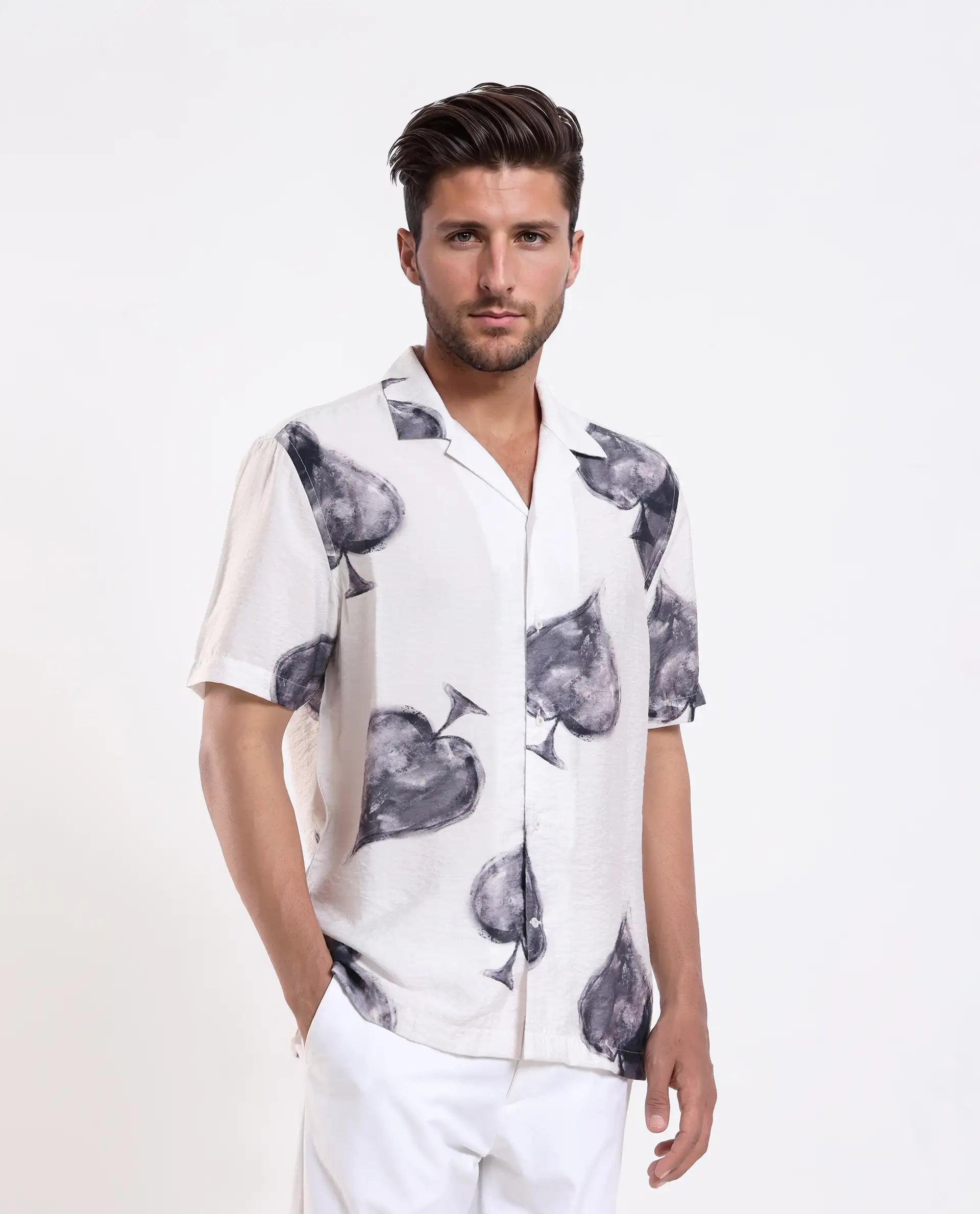 Rare Rabbit Men's Diam White Viscose Digital Print Regular Fit Half Sleeve Cuban Collar Shirt