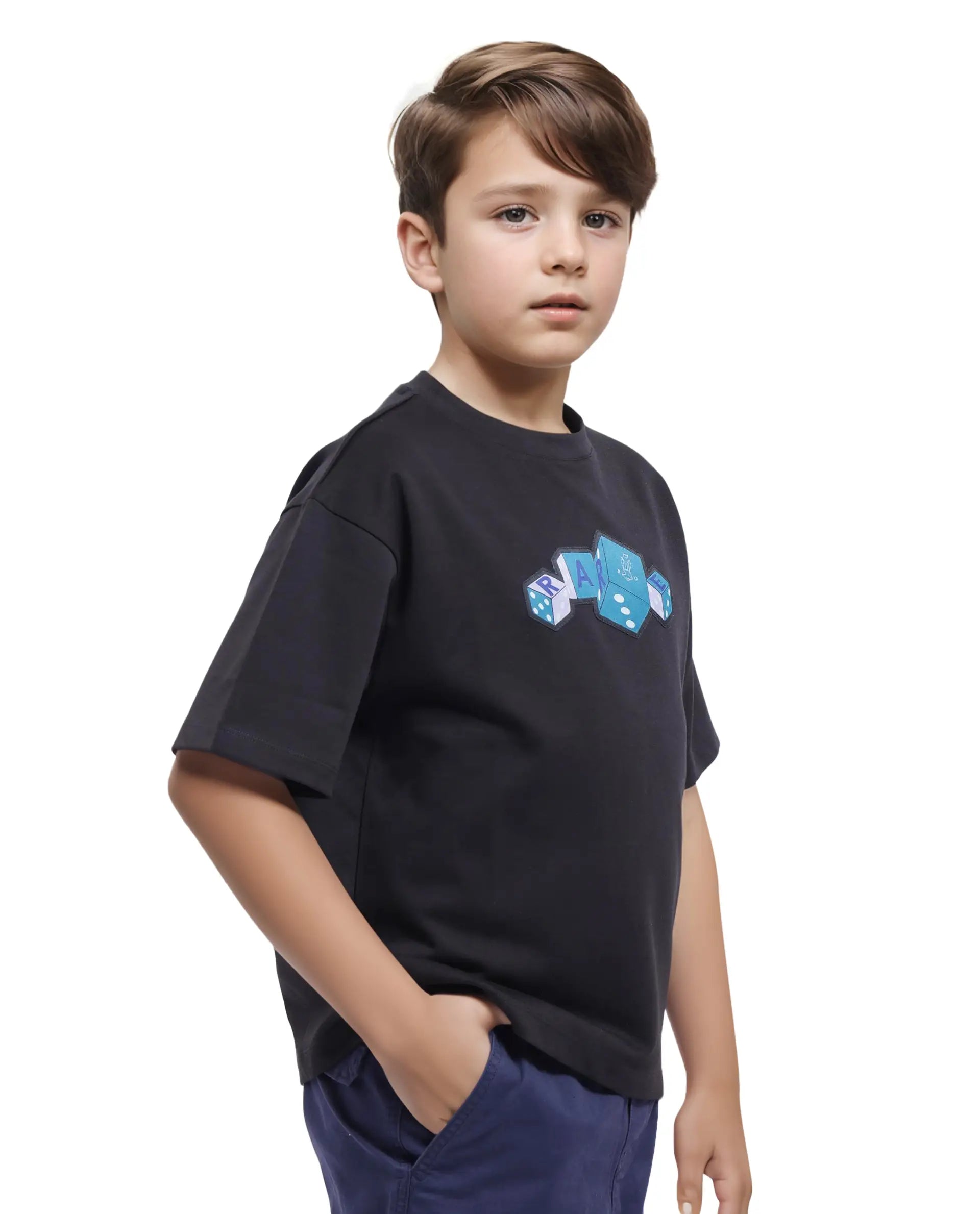 Rare Ones Kids Dice Black Cotton Half Sleeves Crew Neck Boxy Fit Applique Print T-Shirt