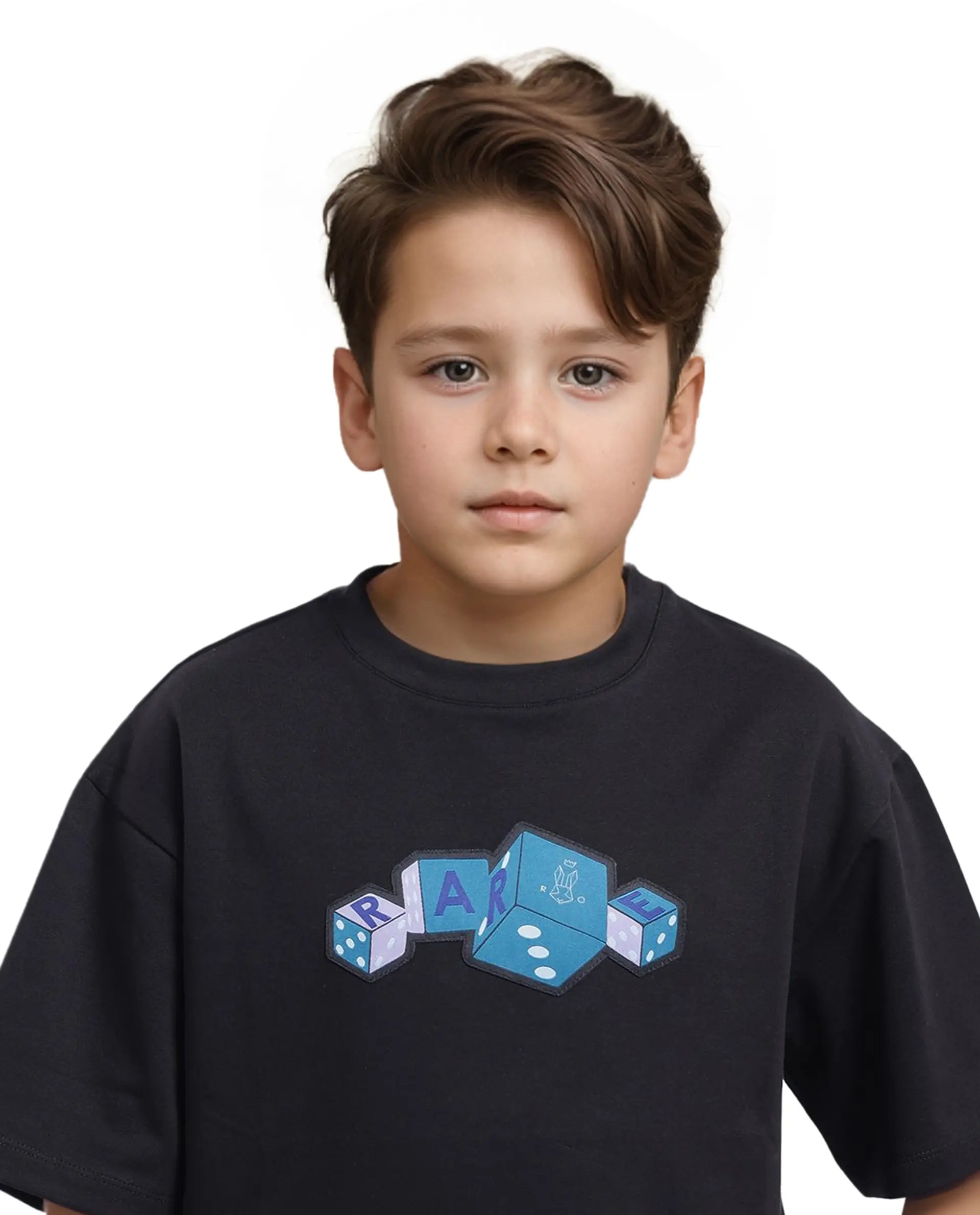 Rare Ones Kids Dice Black Cotton Half Sleeves Crew Neck Boxy Fit Applique Print T-Shirt