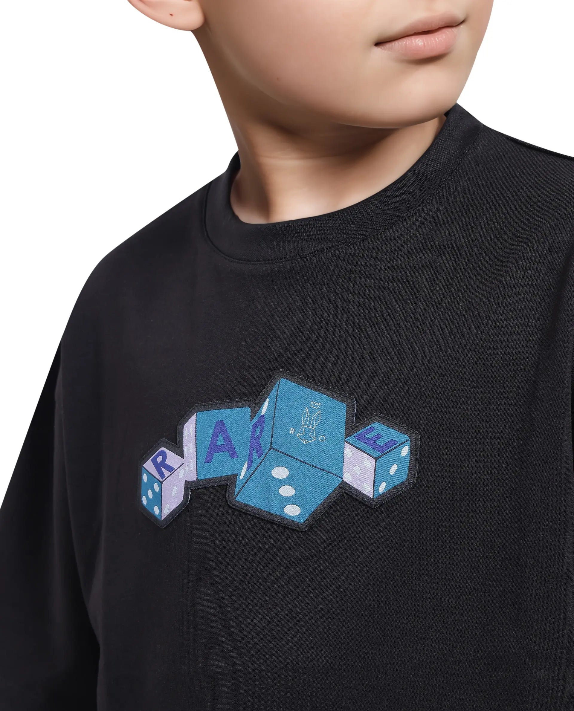 Rare Ones Kids Dice Black Cotton Half Sleeves Crew Neck Boxy Fit Applique Print T-Shirt