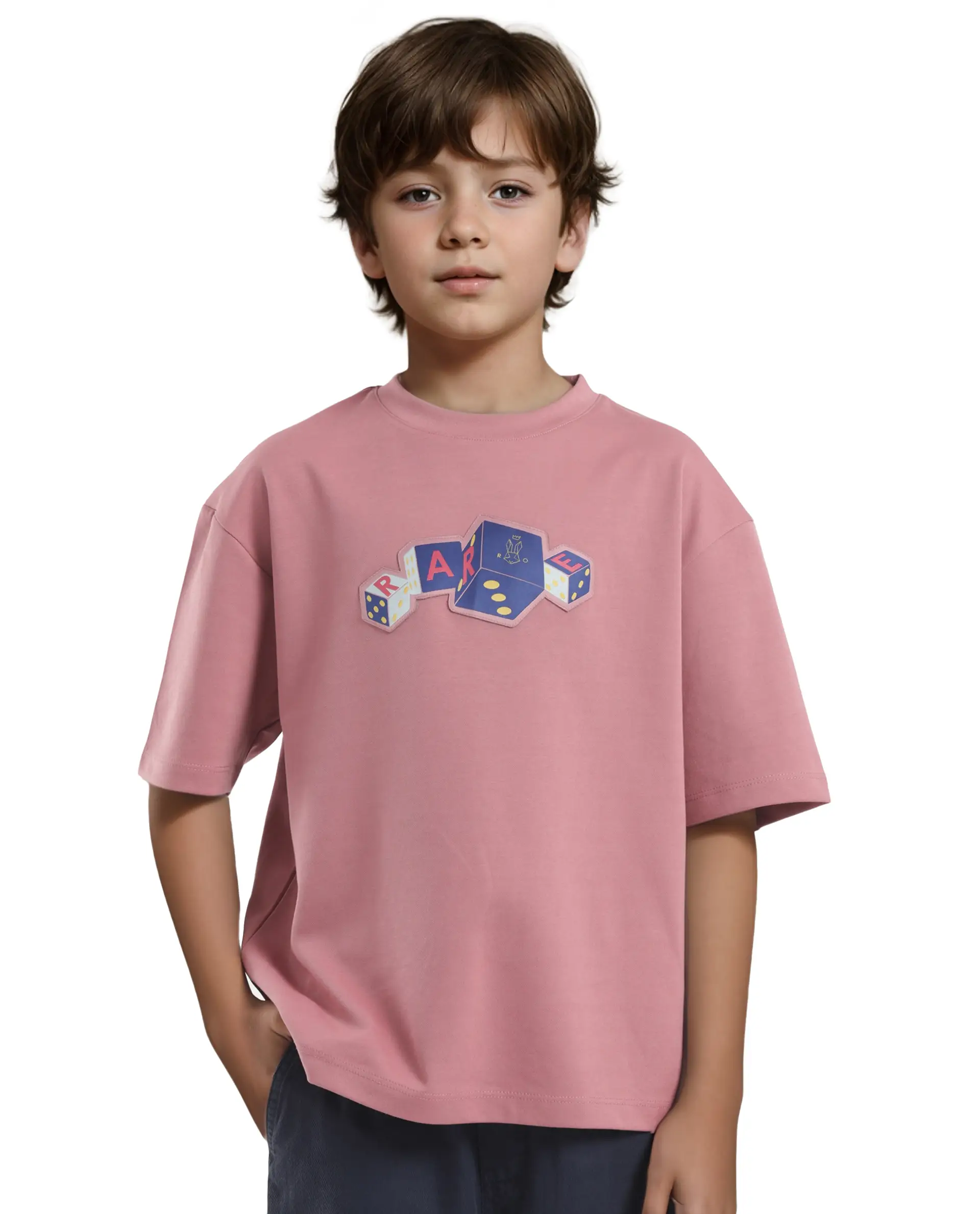 Rare Ones Kids Dice Pink Cotton Half Sleeves Crew Neck Boxy Fit Applique Print T-Shirt