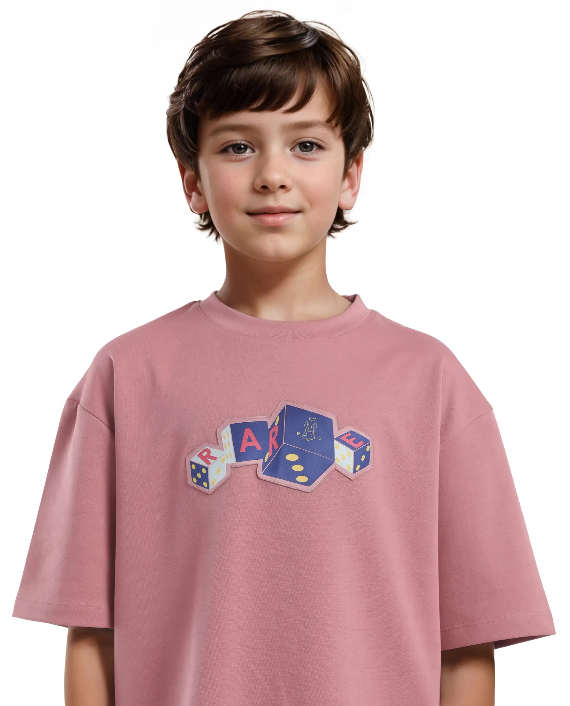 Rare Ones Kids Dice Pink Cotton Half Sleeves Crew Neck Boxy Fit Applique Print T-Shirt
