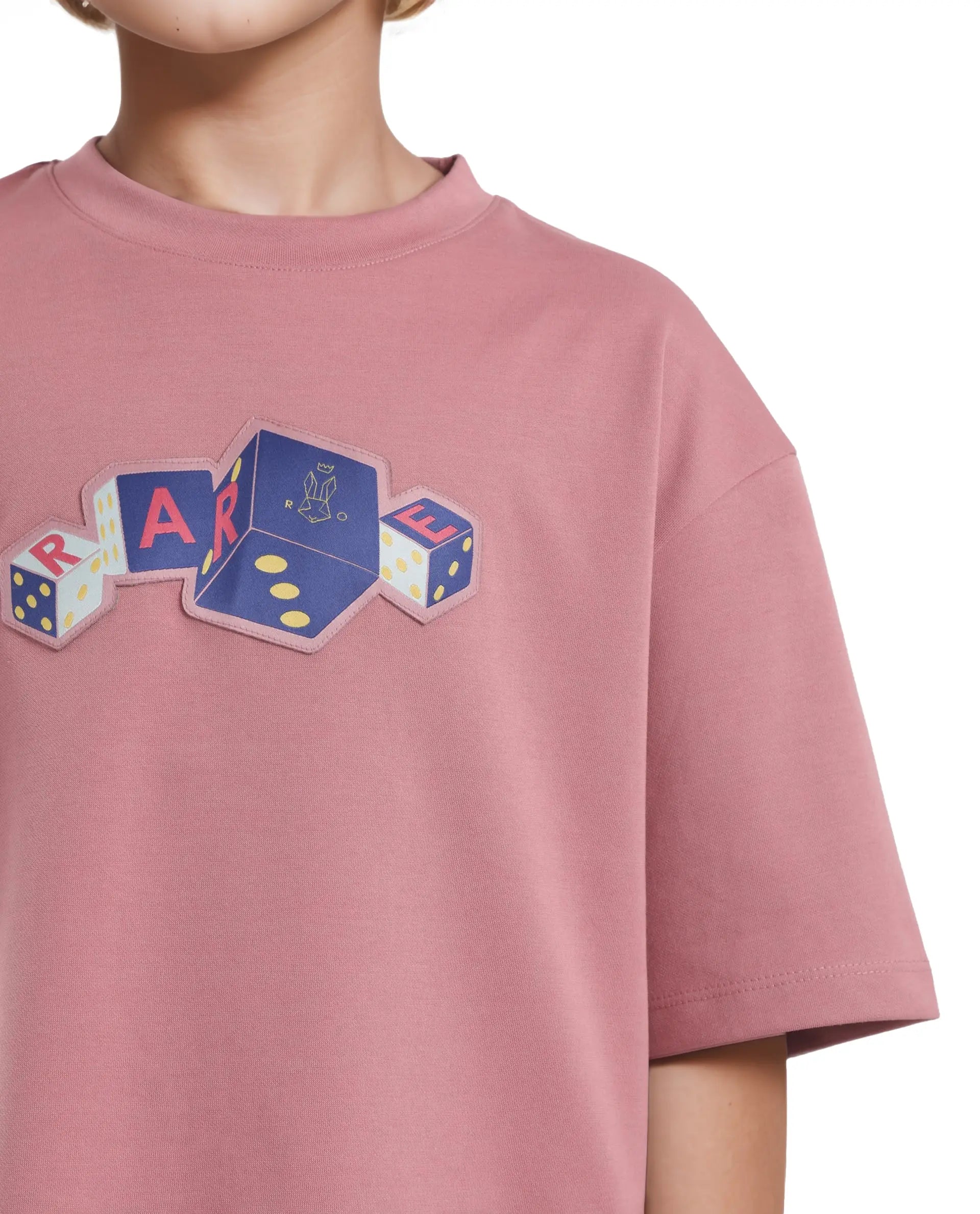 Rare Ones Kids Dice Pink Cotton Half Sleeves Crew Neck Boxy Fit Applique Print T-Shirt