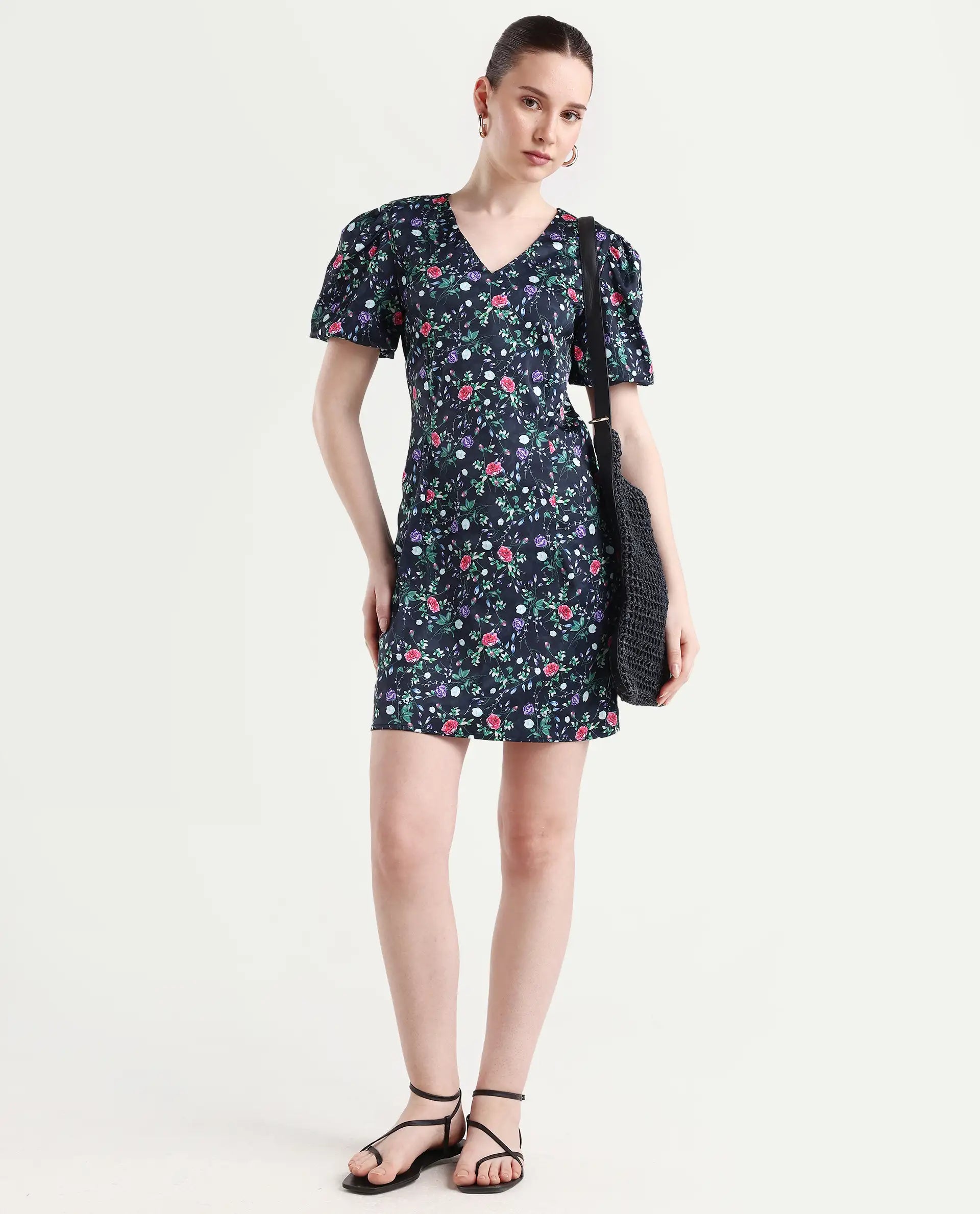 Buy Diego - Navy Floral Print Midi Dress| Rareism Buy Diego - Navy Floral Print Midi Dress| Rareism
