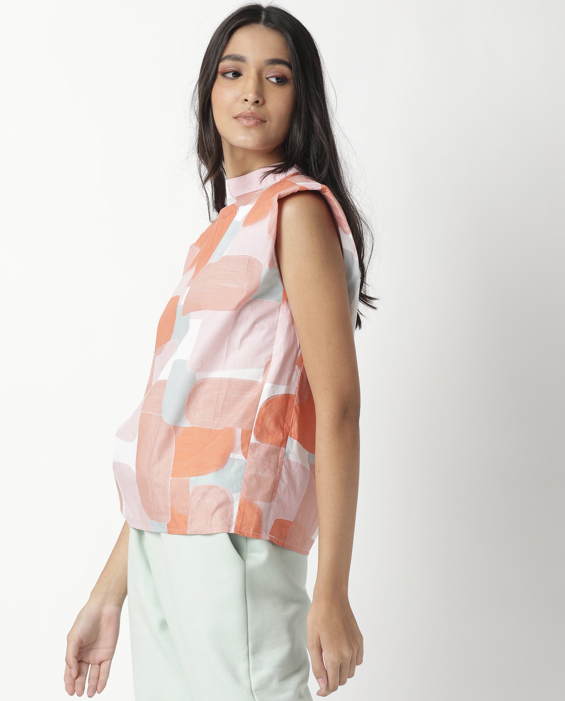 Rareism Womens Diegon Peach Top Cotton Fabric Regular Fit Sleeveless High Neck