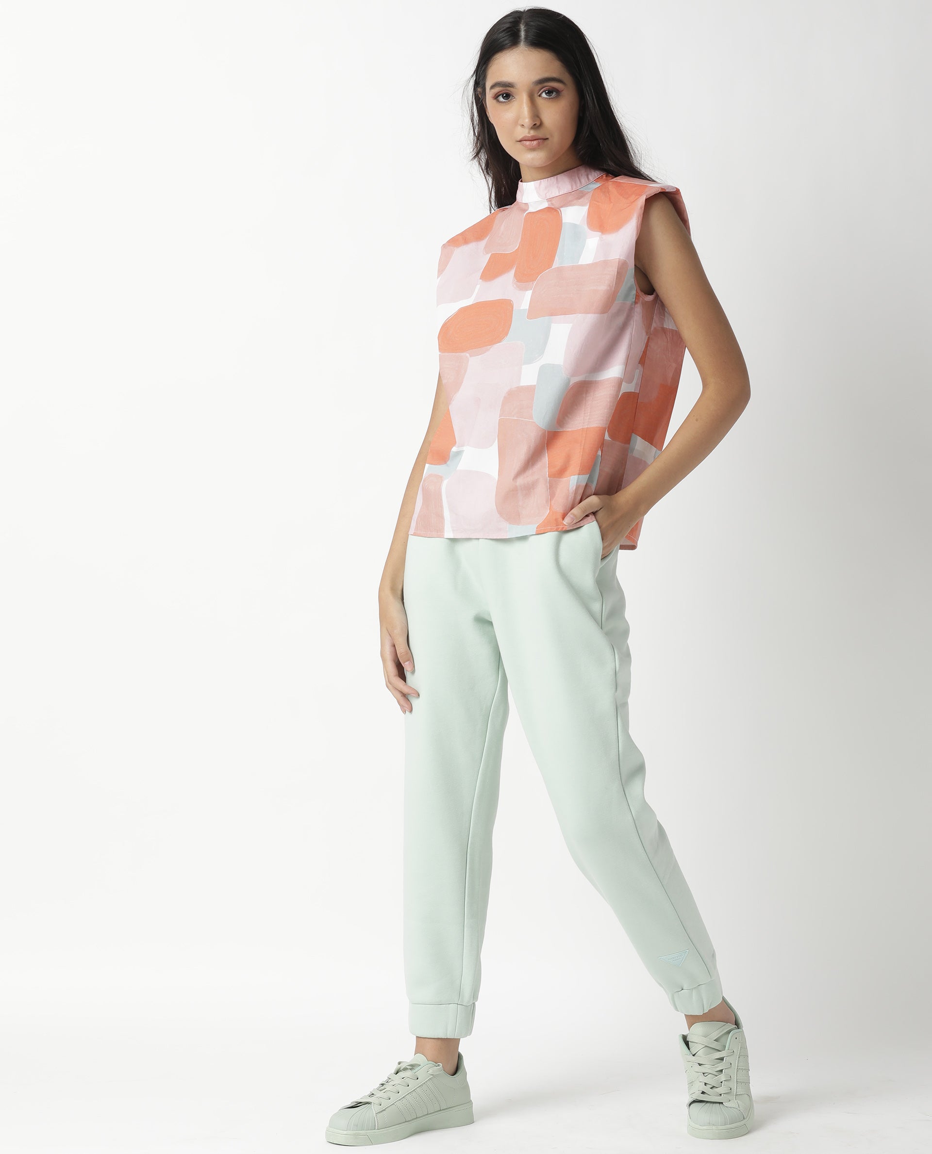 Rareism Womens Diegon Peach Top Cotton Fabric Regular Fit Sleeveless High Neck