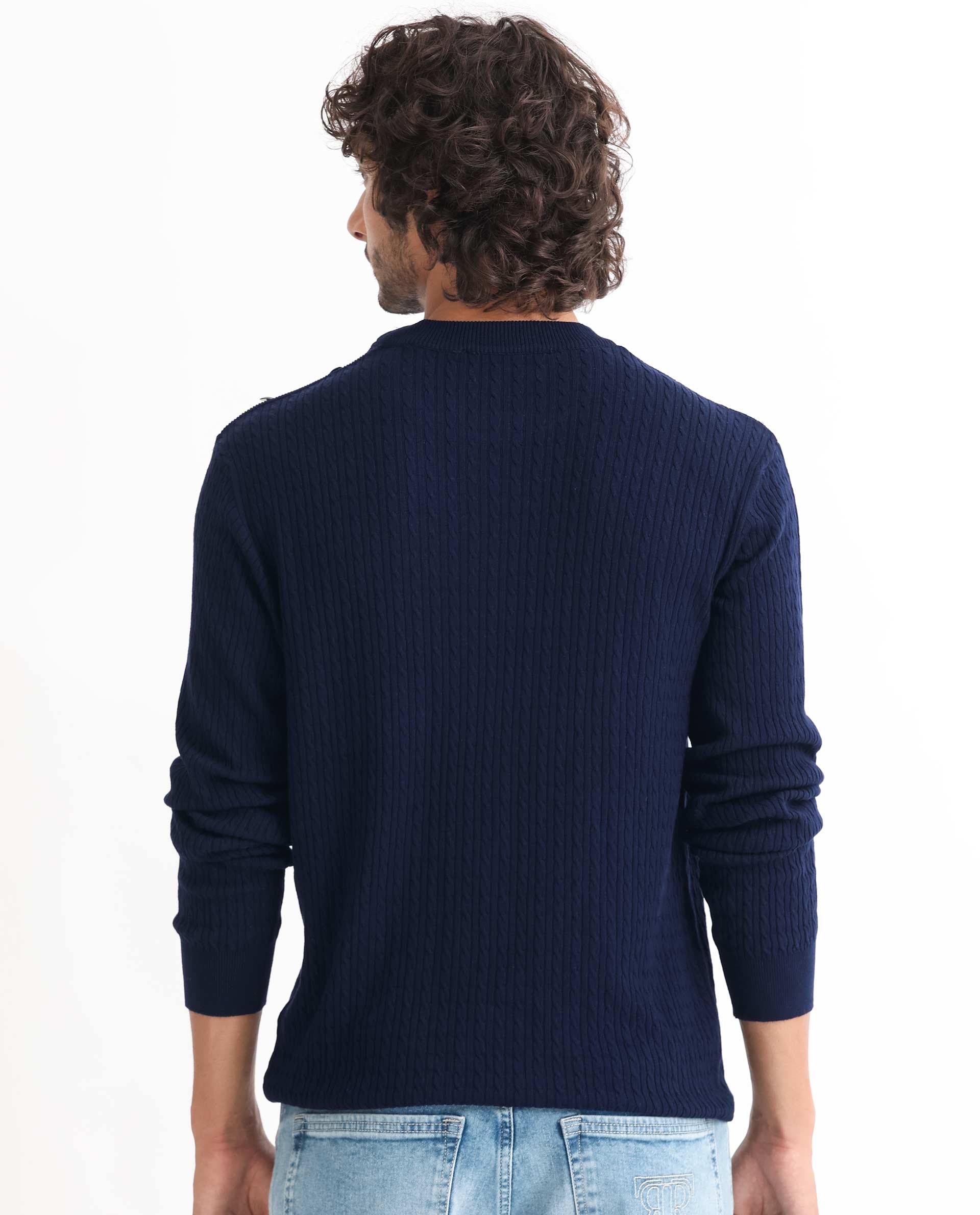 Rare Rabbit Mens Diem Navy Sweater Viscose Nylon Fabric Crew Neck Knitted Full Sleeves Button Closure Comfortable Fit