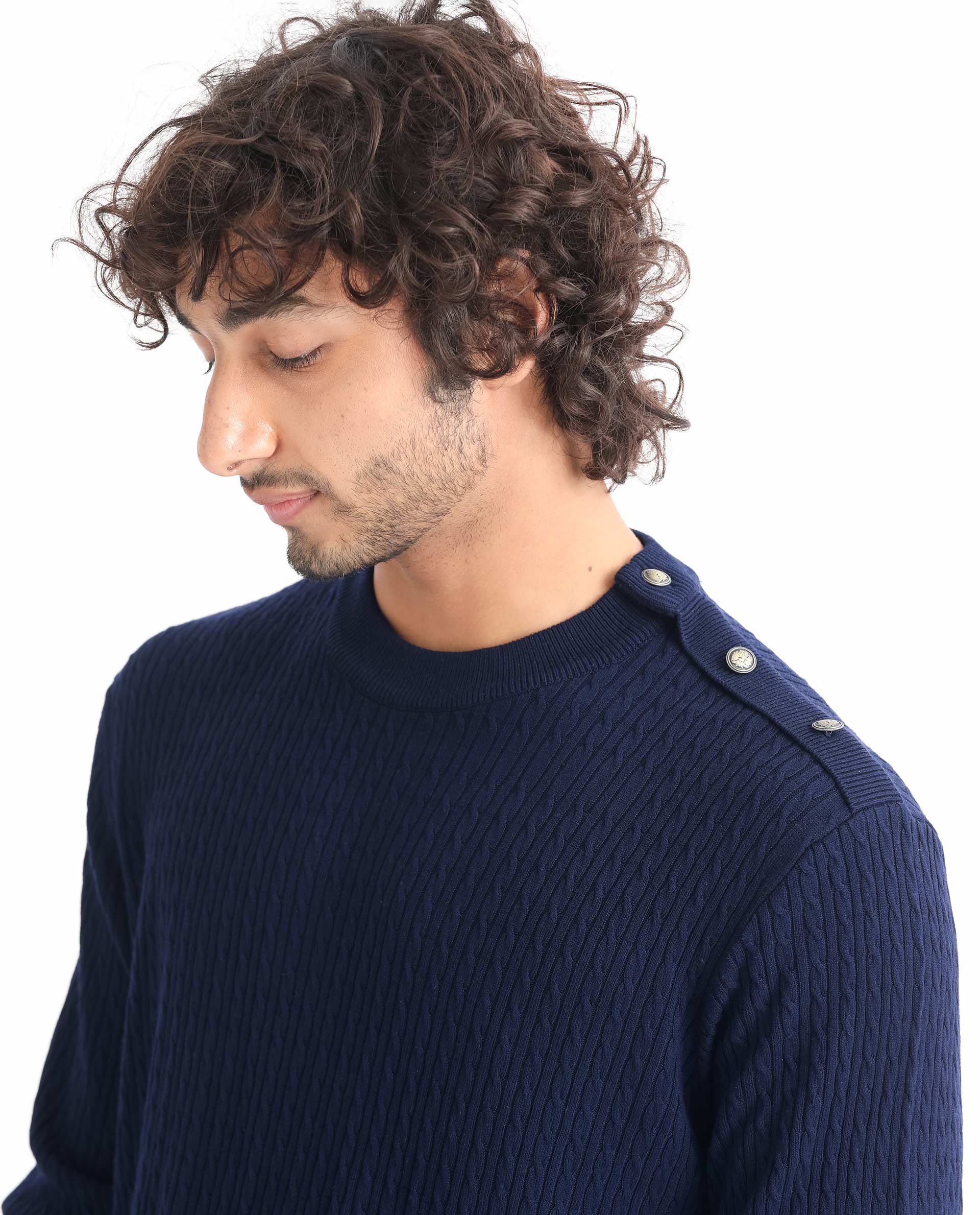Rare Rabbit Mens Diem Navy Sweater Viscose Nylon Fabric Crew Neck Knitted Full Sleeves Button Closure Comfortable Fit