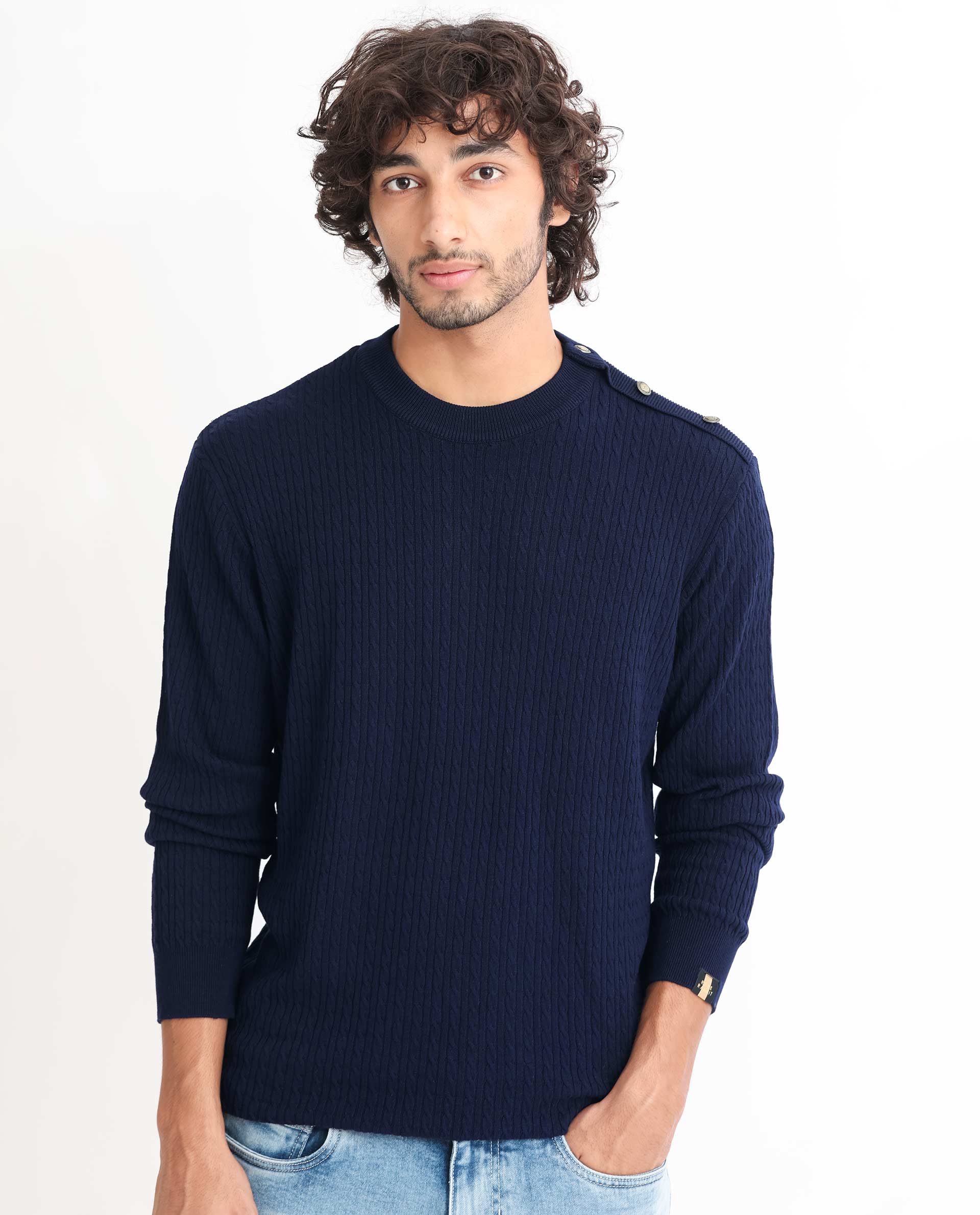 Rare Rabbit Mens Diem Navy Sweater Viscose Nylon Fabric Crew Neck Knitted Full Sleeves Button Closure Comfortable Fit