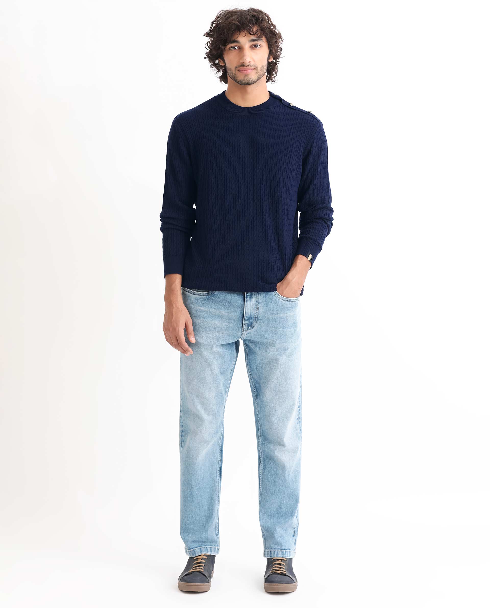 Rare Rabbit Mens Diem Navy Sweater Viscose Nylon Fabric Crew Neck Knitted Full Sleeves Button Closure Comfortable Fit