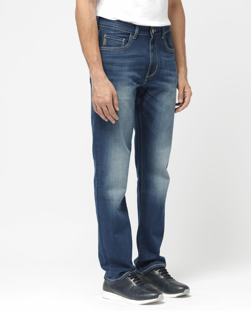 Rare Rabbit Mens Dieme Blue Cotton Polyester Solid Regular Fit Jeans