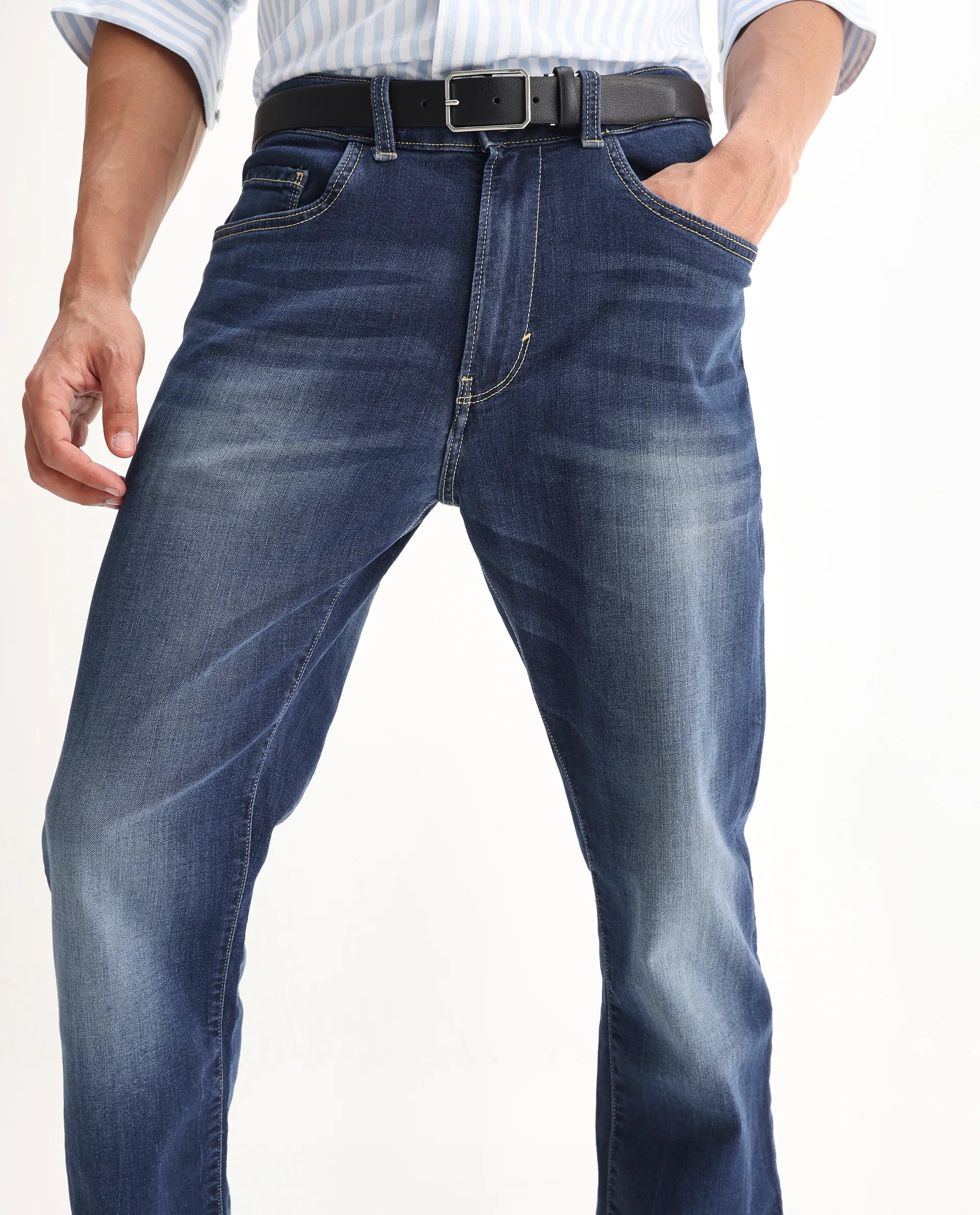 Rare Rabbit Men's Dieme Blue Cotton Plain Morris Regular Fit Jeans