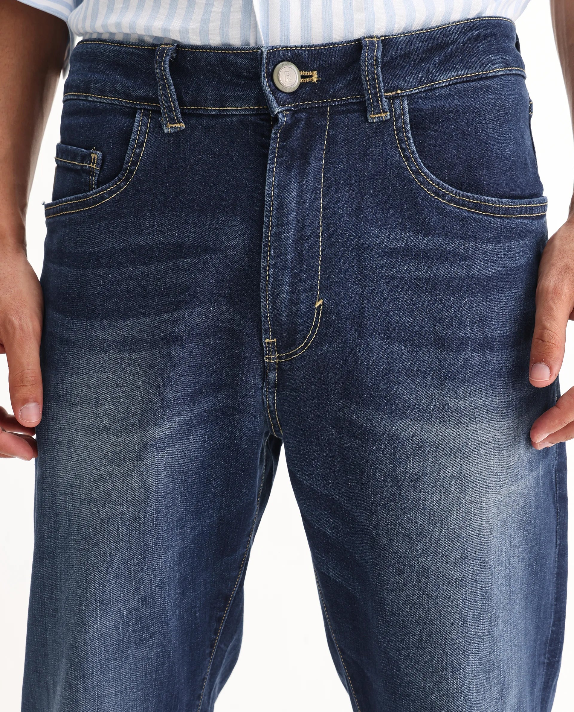 Rare Rabbit Men's Dieme Blue Cotton Plain Morris Regular Fit Jeans