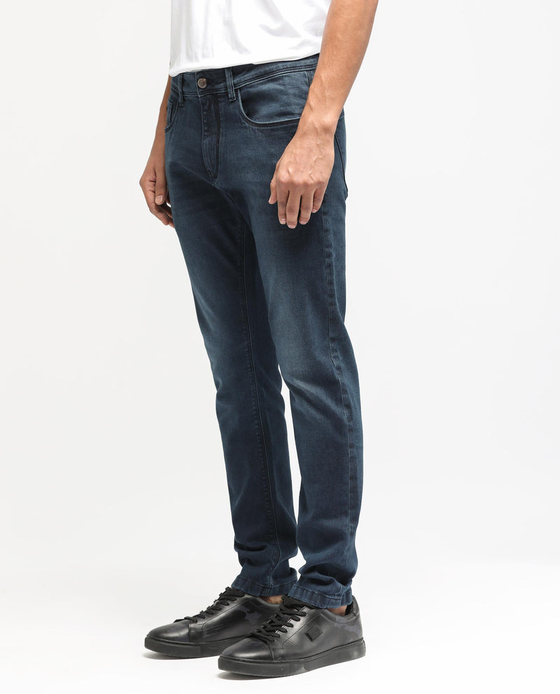 Rare Rabbit Men's Diep Fluorescent Blue Mid Wash Mid-Rise Slim Fit Jeans