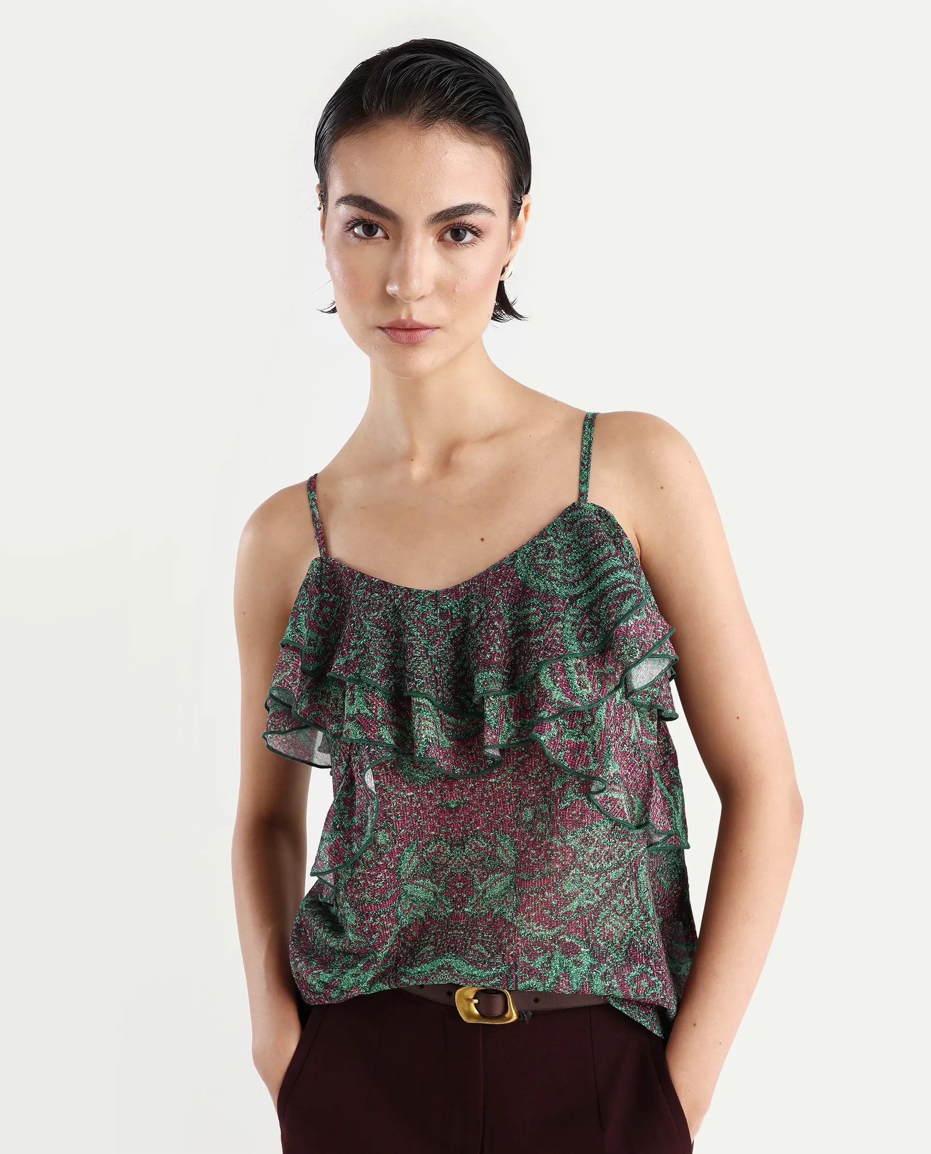 Rareism Women's Difi Dark Maroon Polyester V-Neck Abstract Print Sleeveless Regular Fit Top